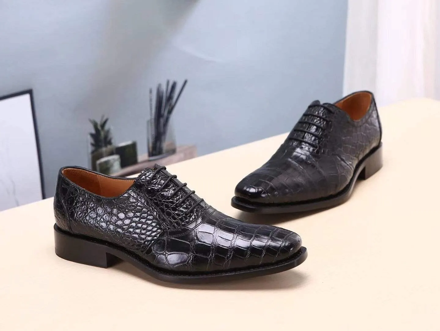 Market Lane Crocodile Shoes Black Men's  Crocodile Belly Leather  Lace Ups Shoes- Men's Dress Shoe,Goodyear Sole