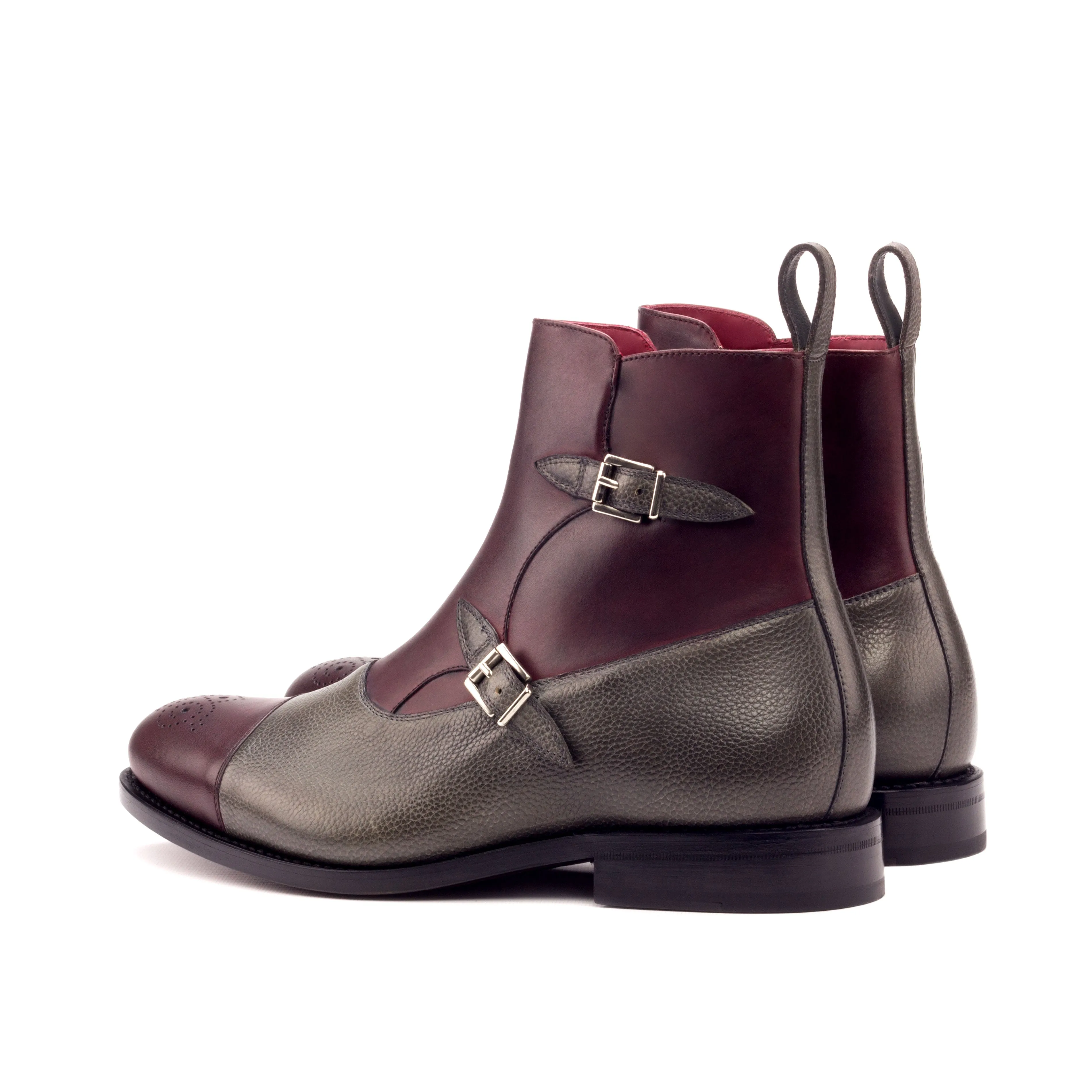 Routine Wear Burgundy & Grey Calf Leather Double-Monk Boots