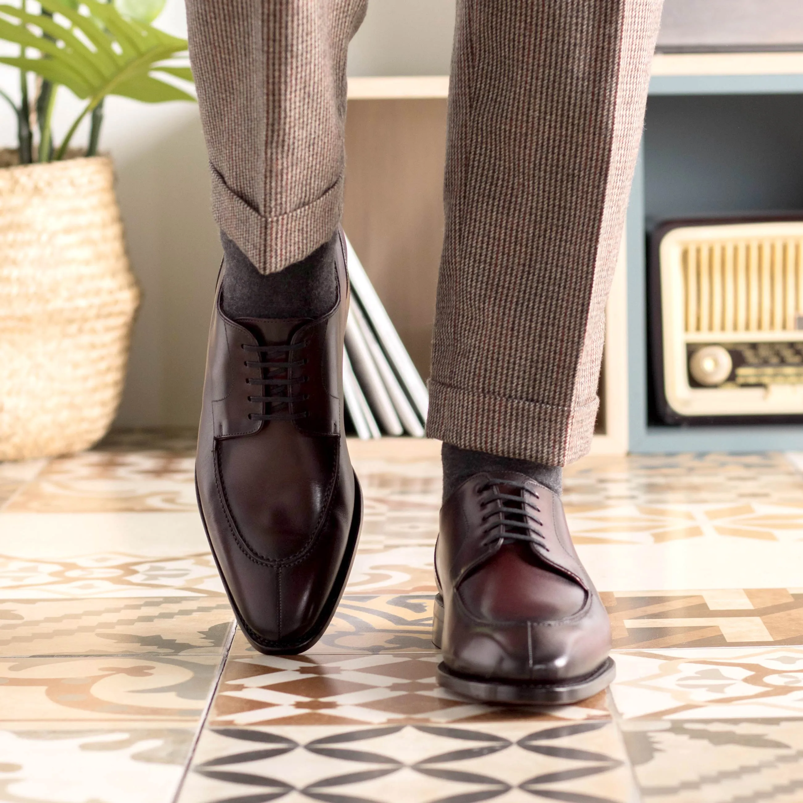 Burgundy Box Calf Leather Split Toe Derby Polished Lines