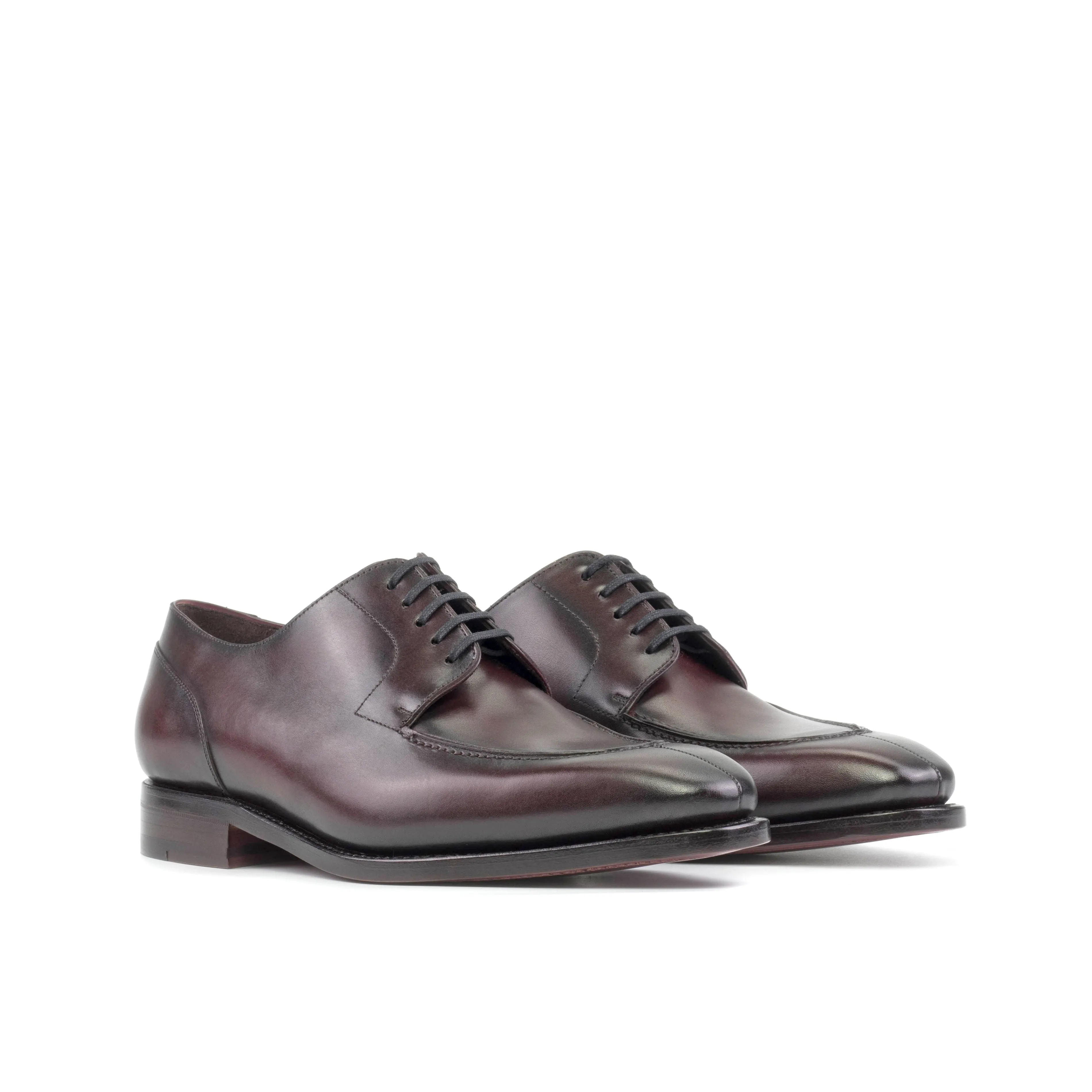 Subtle Wardrobe Control Edge Burgundy Box Calf Leather Split Toe Derby