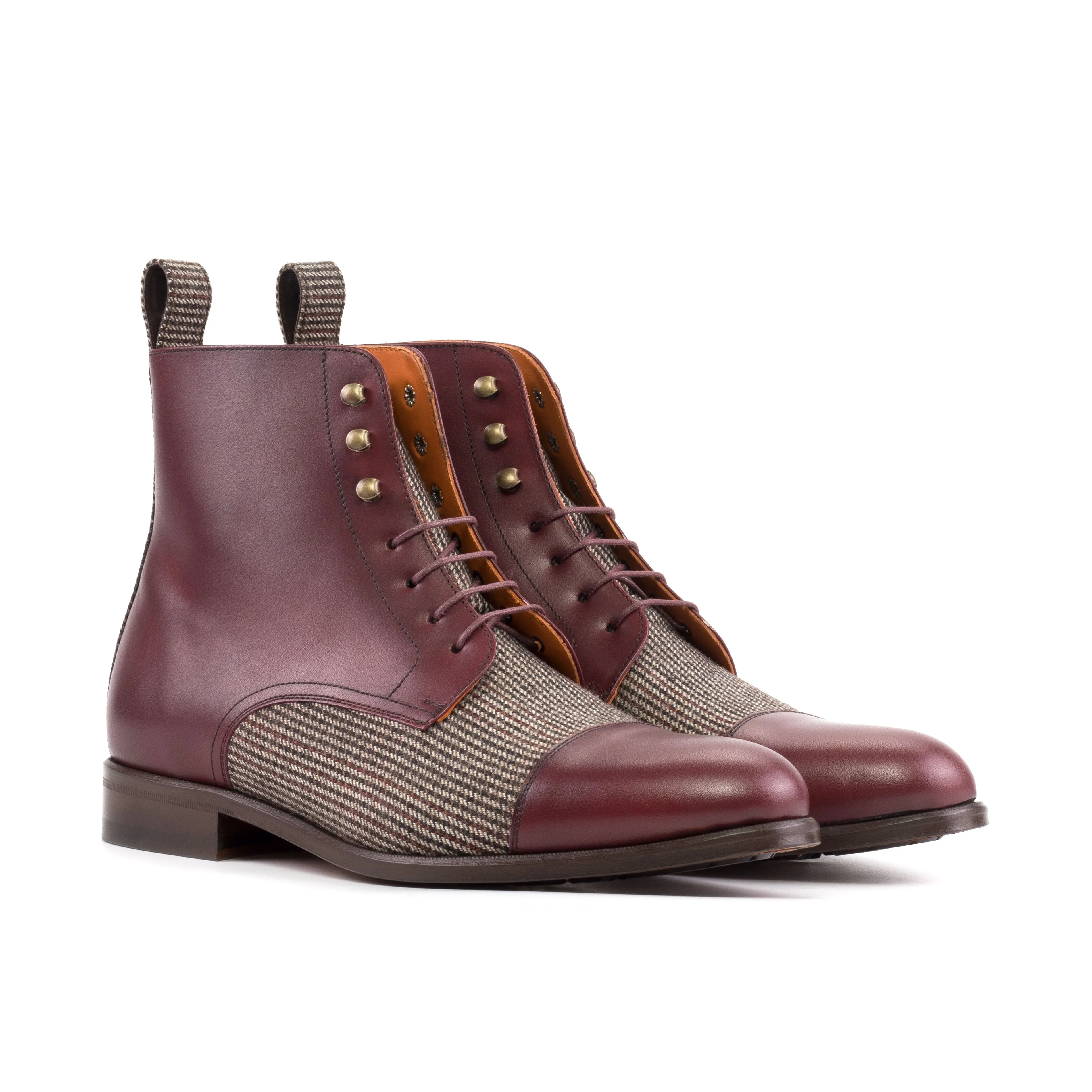 Burgundy Calf & Tweed Fabric Cap Toe Boots Scandi Cut