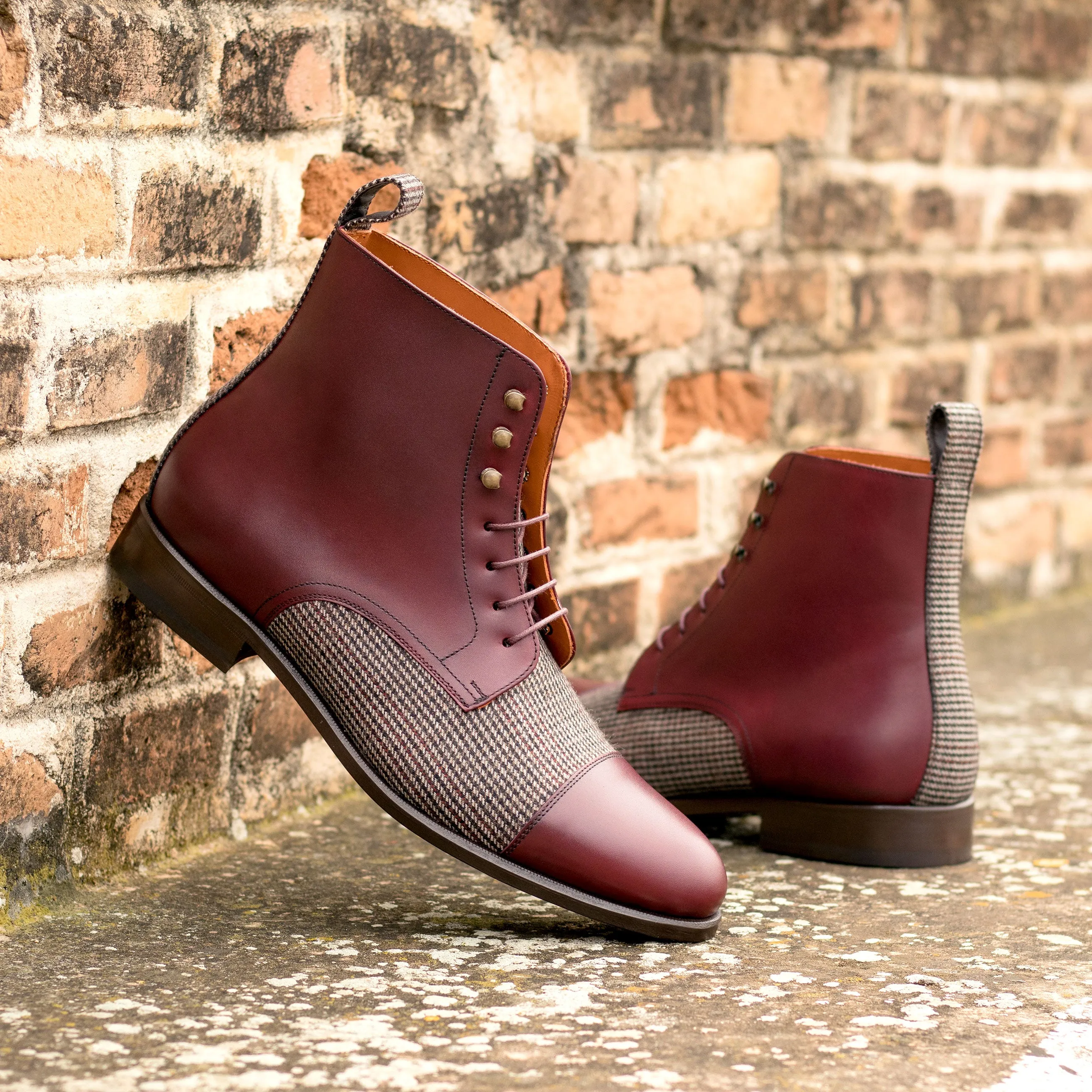Burgundy Calf & Tweed Fabric Cap Toe Boots Stylish Fit