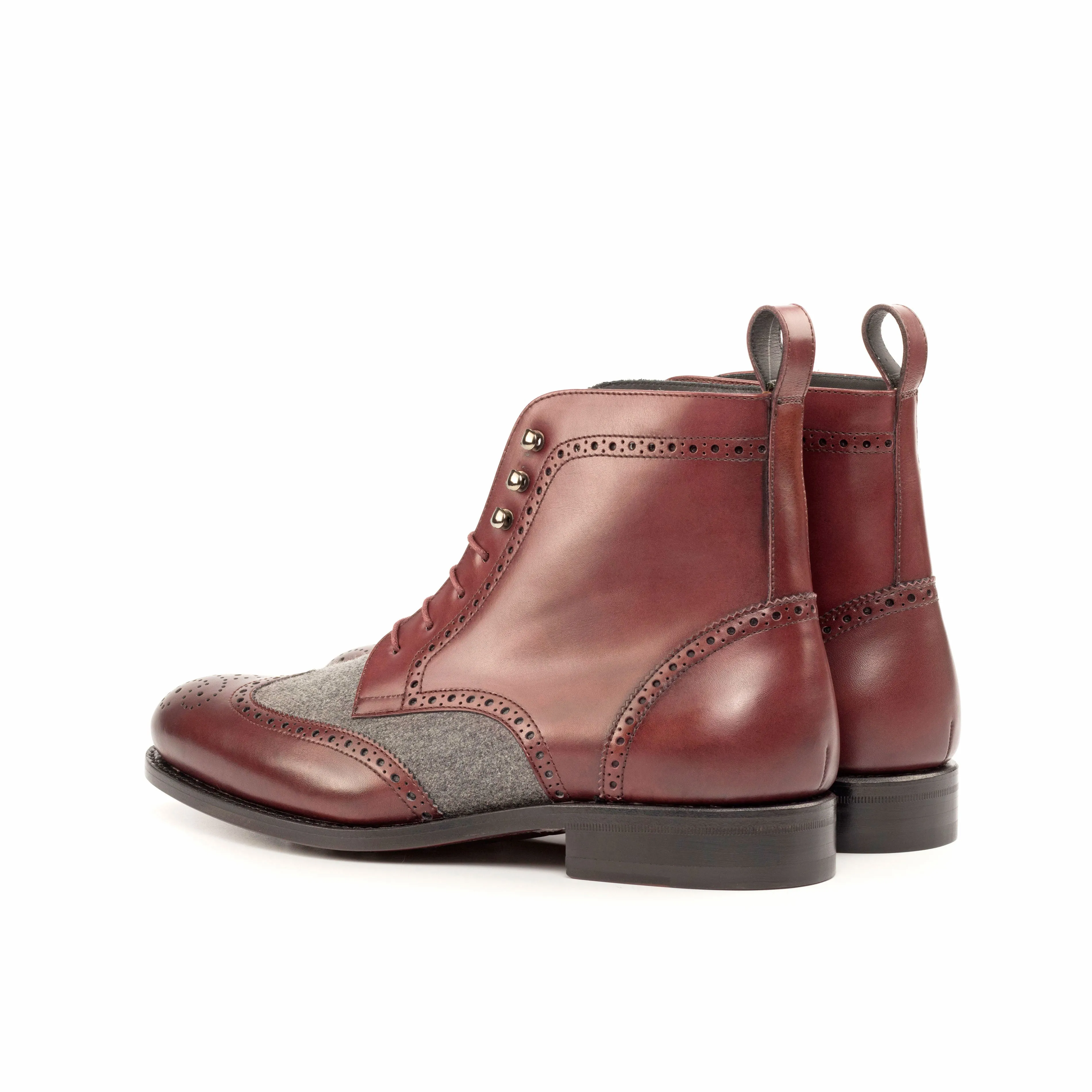 Burgundy Calf Leather & Light Grey Flannel Brogue Boots Daily Activity Velvet Soft