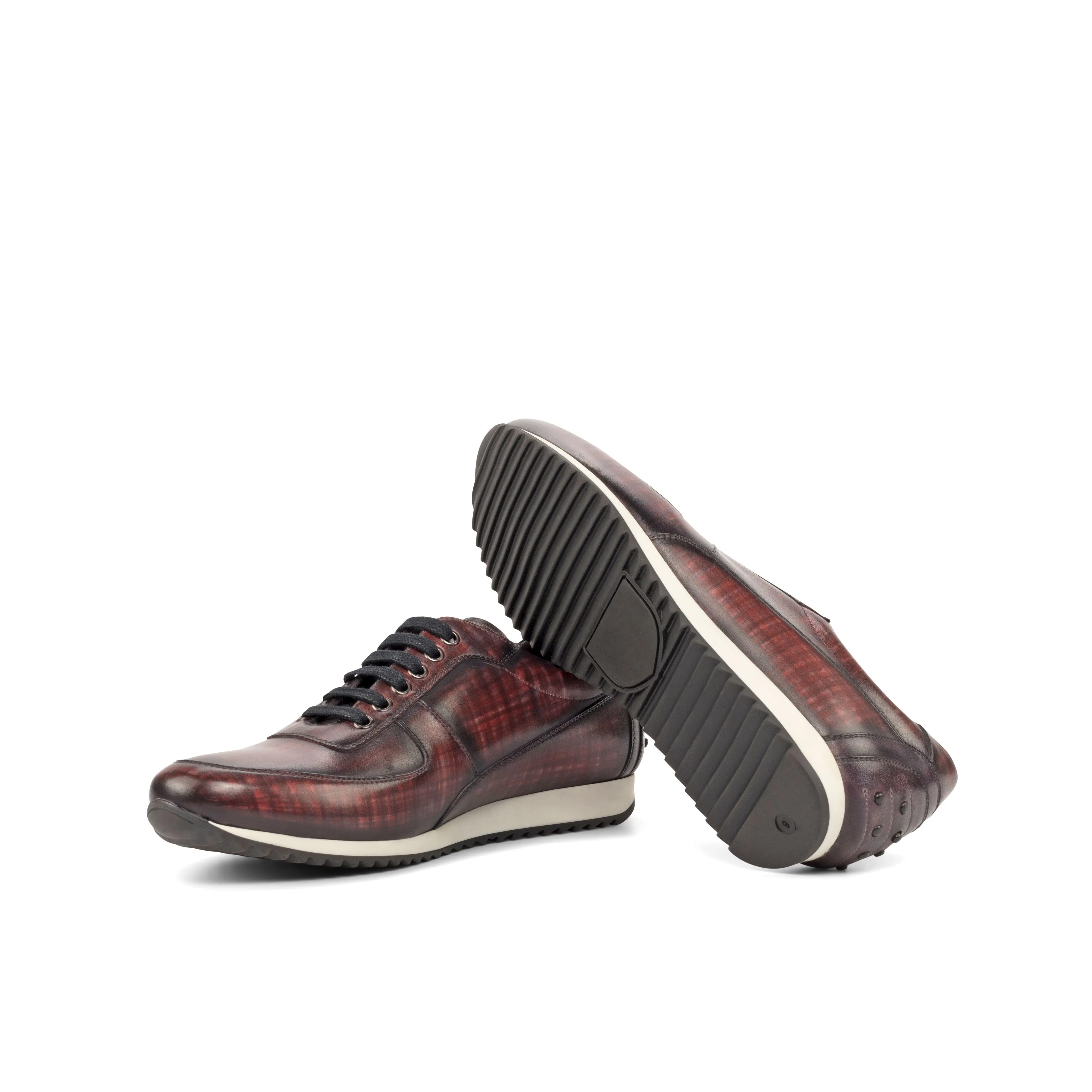 Elastic Collar Tension Dispersing Outsole Burgundy Patina Leather Trainer Sneakers