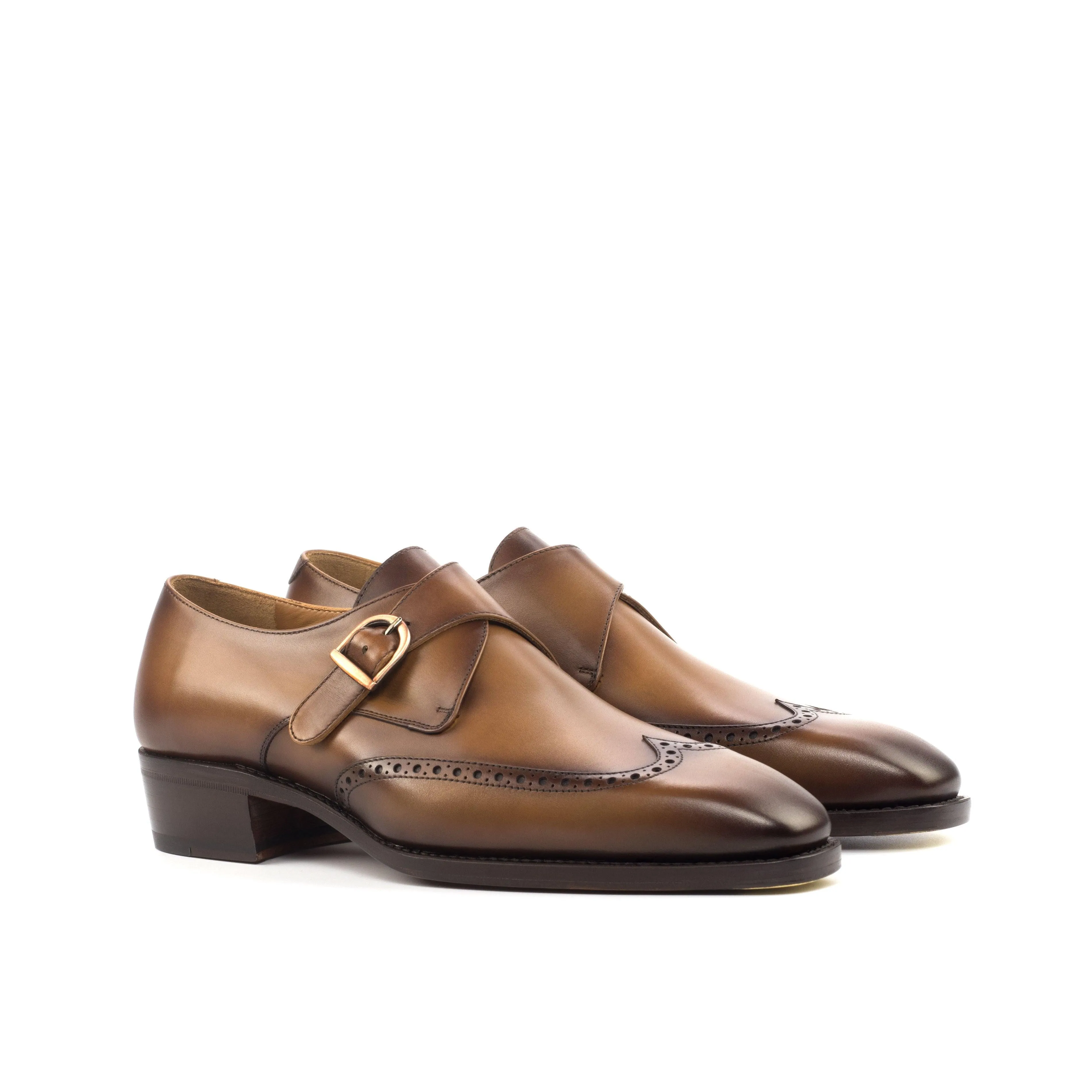 Burnished Cognac Leather Single Monk Shoes Work Hour Fit
