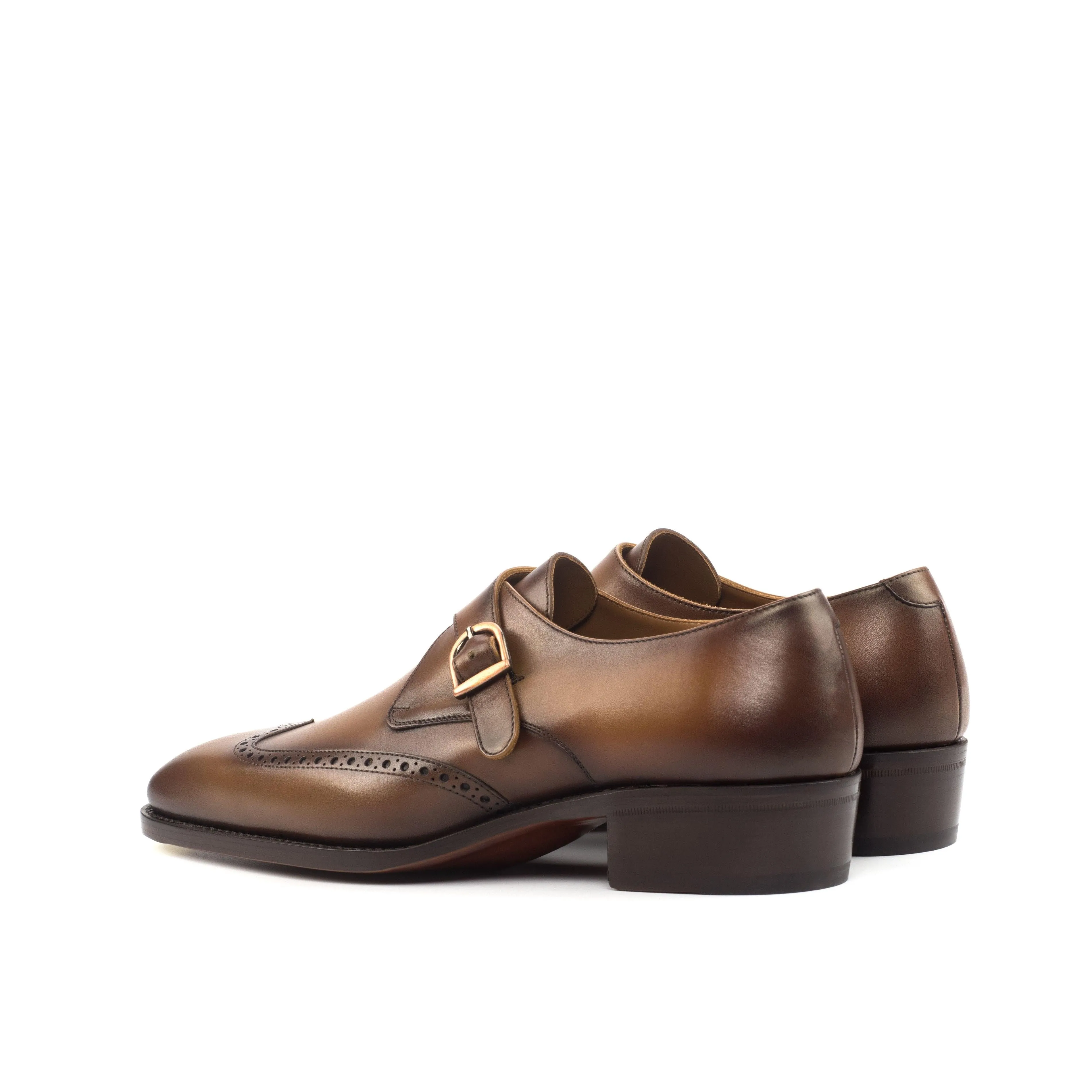 Burnished Cognac Leather Single Monk Shoes Perforated Details