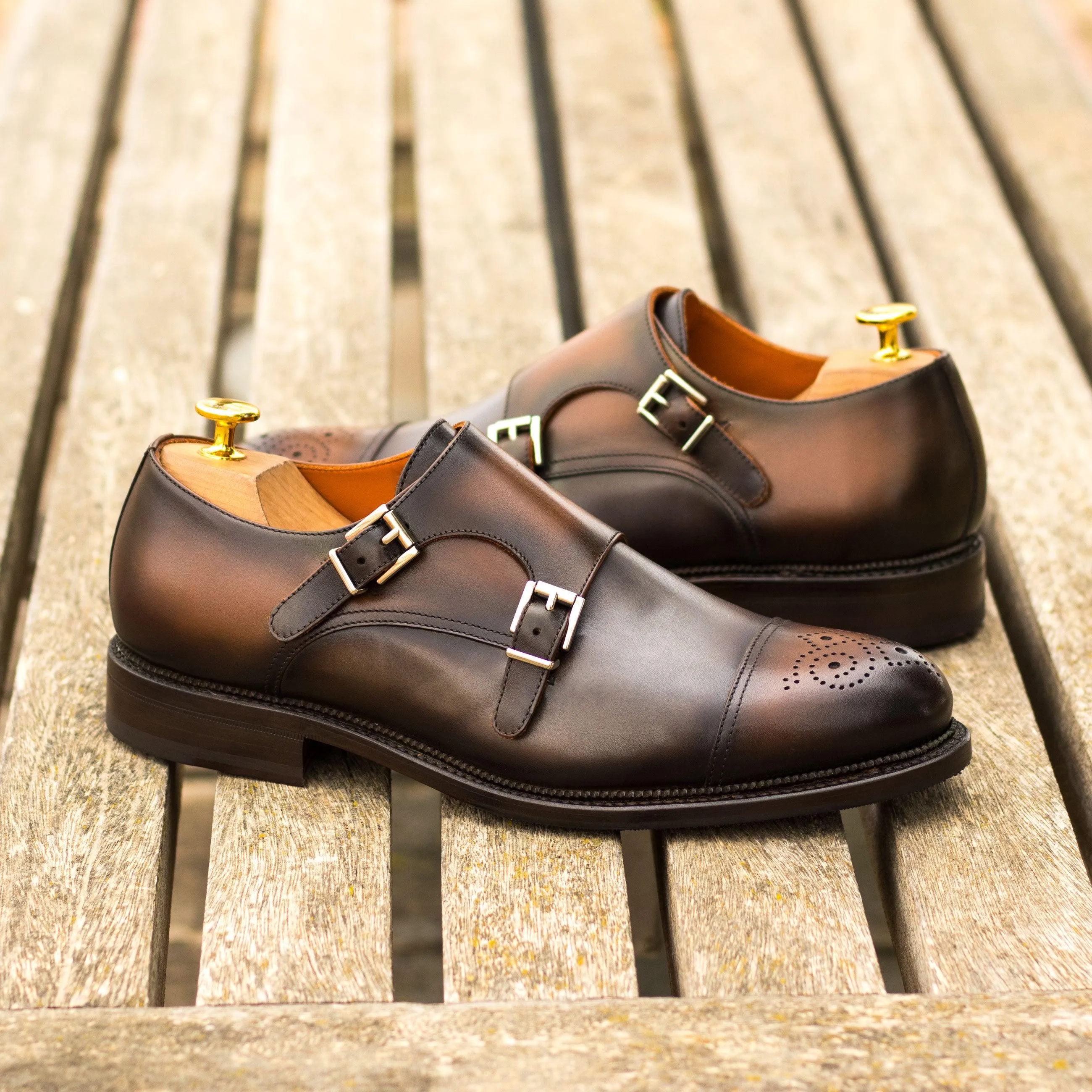 Burnished Grey & Brown Leather Double-Monk Shoes Effort Mode Confident Shade