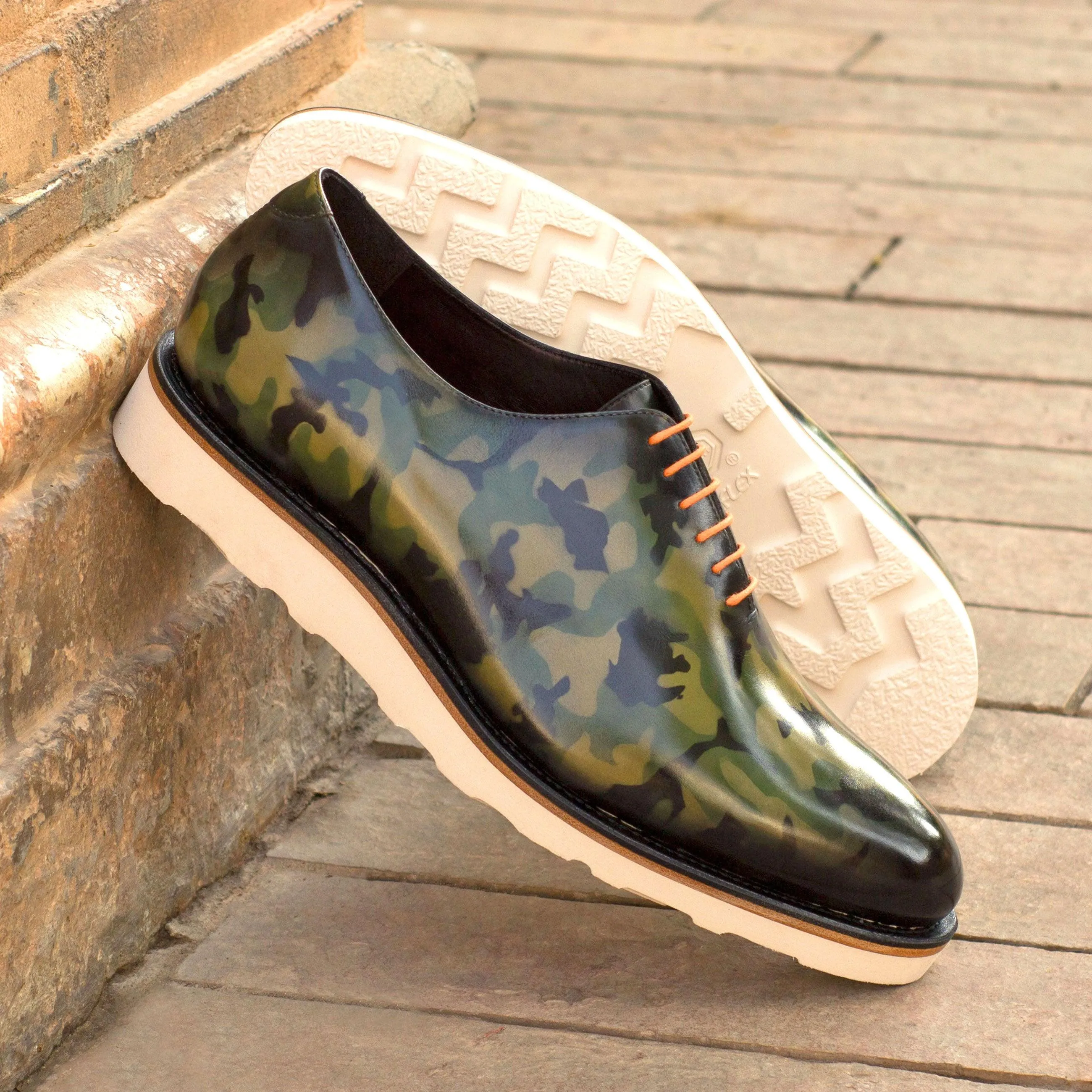 Camouflage Patina Leather Wholecut Shoes Exact Fit Plush Walk