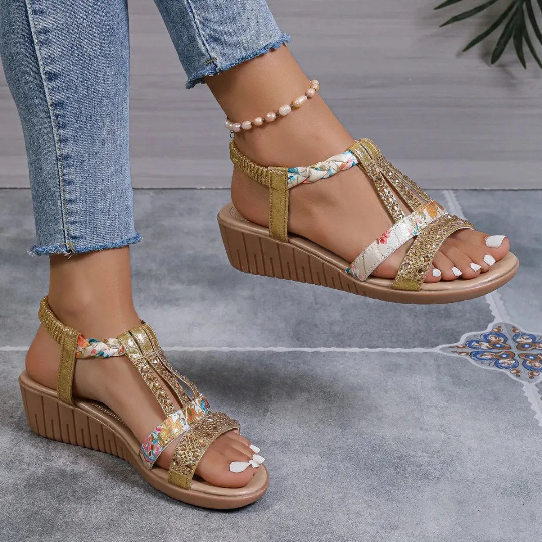 Charise T-Strap Rhinestone Braided Wedge Weave Style Slip-On Versatility