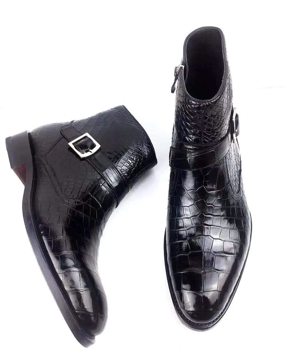 Crocodile Shoes Crocodile Belly Leather  Man Round Toe Buckle Strap Office Ankle Boots Men's Cowboy Lesson Day Leaf Fall