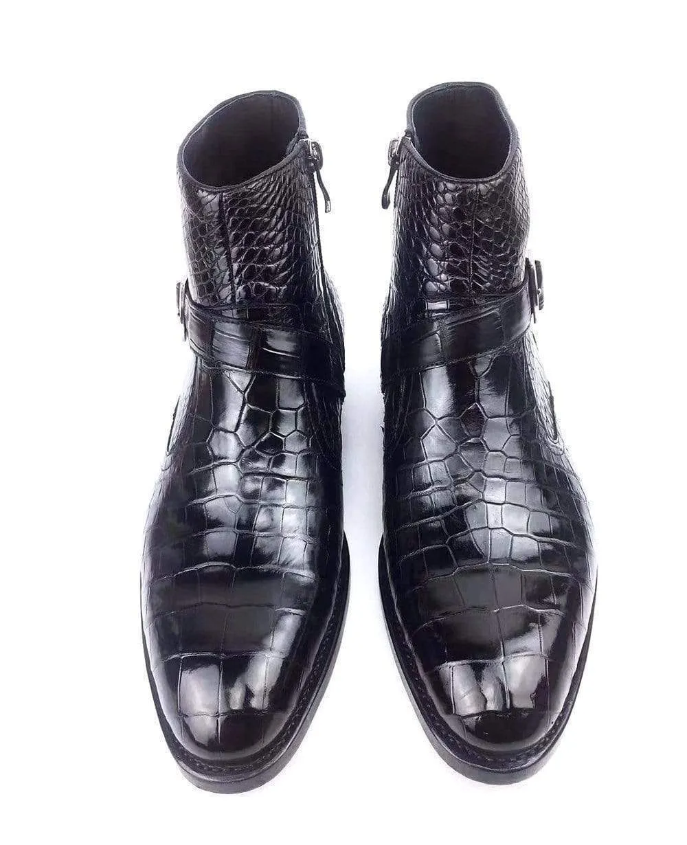 Seamless Crocodile Shoes Crocodile Belly Leather  Man Round Toe Buckle Strap Office Ankle Boots Men's Cowboy