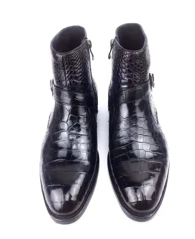 Seamless Crocodile Shoes Crocodile Belly Leather  Man Round Toe Buckle Strap Office Ankle Boots Men's Cowboy