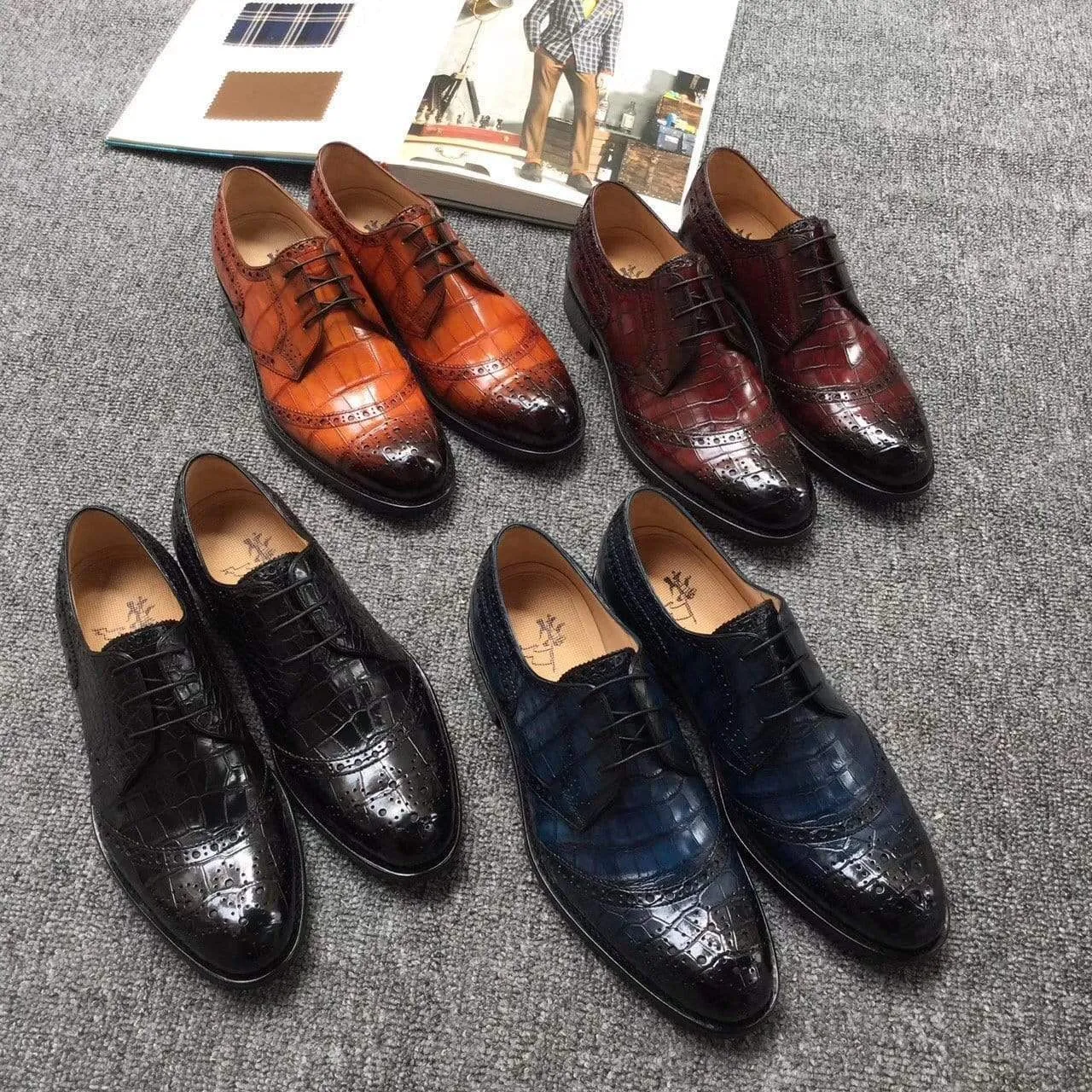 Crocodile Shoes Genuine Crocodile  Belly Leather  Shoes  Mens Cap Toe Crust Tuscania Wingtip Look View Food Fest