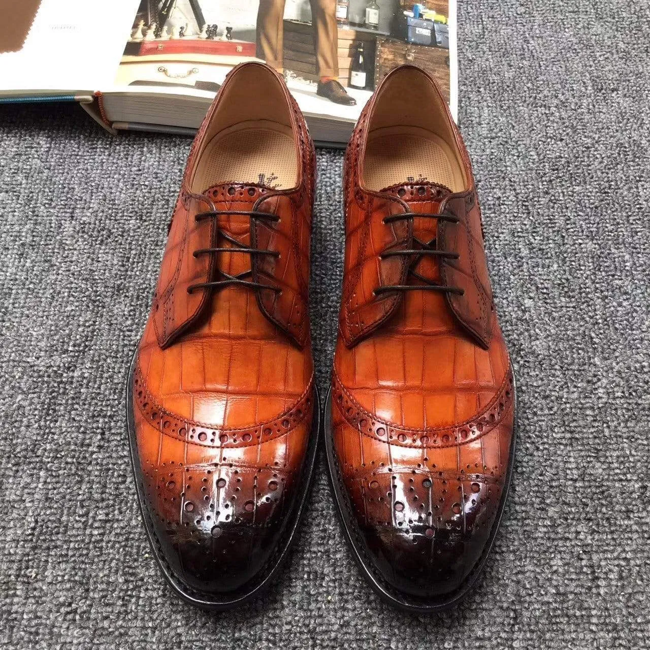 Beer Glow Walking Essential Footwear Crocodile Shoes Genuine Crocodile  Belly Leather  Shoes  Mens Cap Toe Crust Tuscania Wingtip