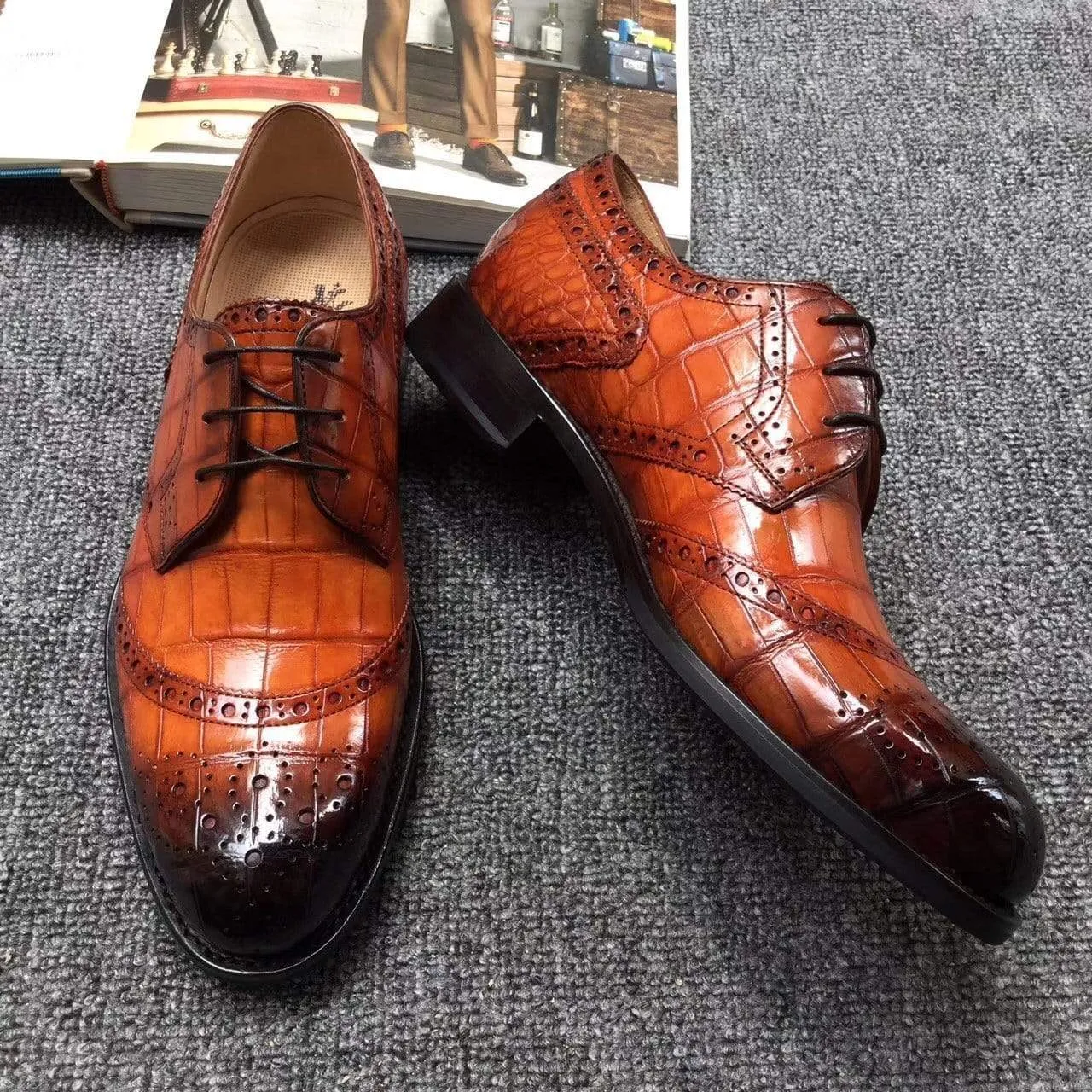 Crocodile Shoes Genuine Crocodile  Belly Leather  Shoes  Mens Cap Toe Crust Tuscania Wingtip Stylish Look