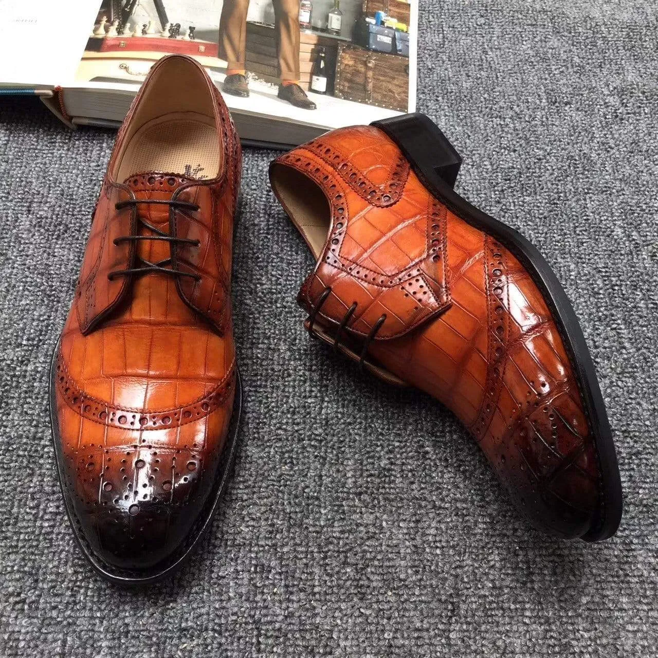 Crocodile Shoes Genuine Crocodile  Belly Leather  Shoes  Mens Cap Toe Crust Tuscania Wingtip Energy Lift