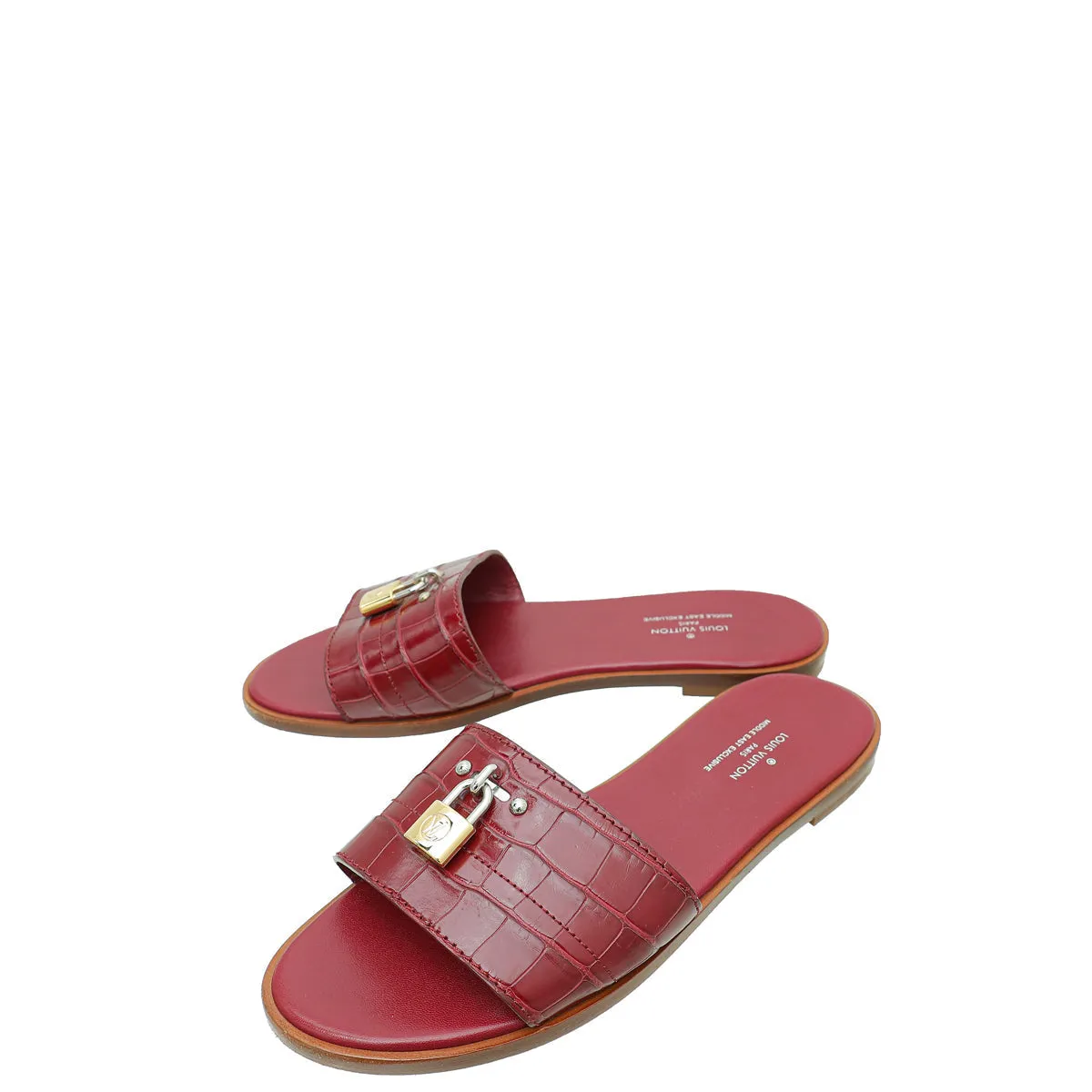 Louis Vuitton Burgundy Crocodile Lock It Flat Mules 37 Lace Up Style Court Fast