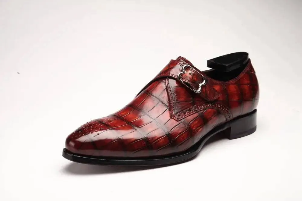 photo shoot Chic Slip Crocodile Shoes Brown Crocodile Leather  Monk Strap Shoes