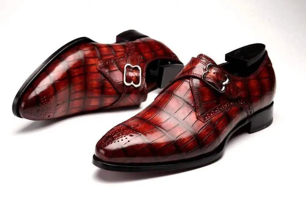 Easy Care Footwear Crocodile Shoes Brown Crocodile Leather  Monk Strap Shoes