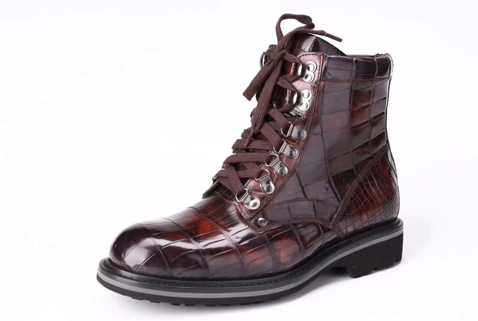 Crocodile Shoes Mens Boots Genuine Crocodile Leather High-top Lace Up  Anti-Slip Boot Vintage Wine Red Outfit Walk