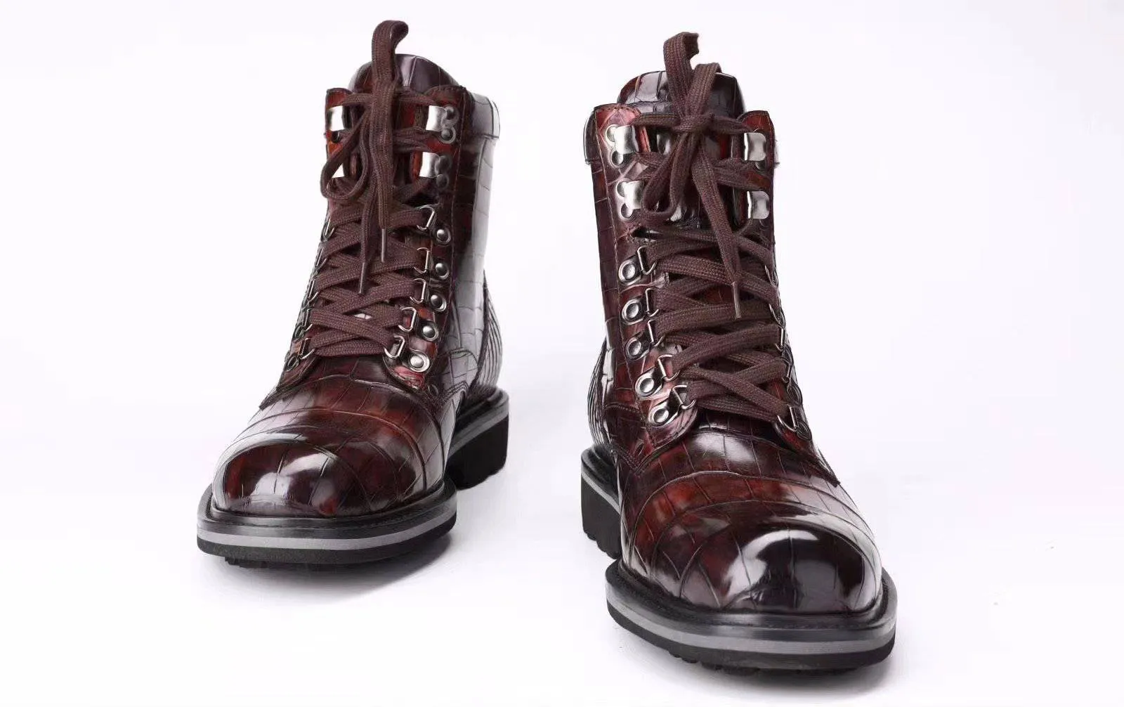 Crocodile Shoes Mens Boots Genuine Crocodile Leather High-top Lace Up  Anti-Slip Boot Vintage Wine Red Hidden Alley comfort shoes