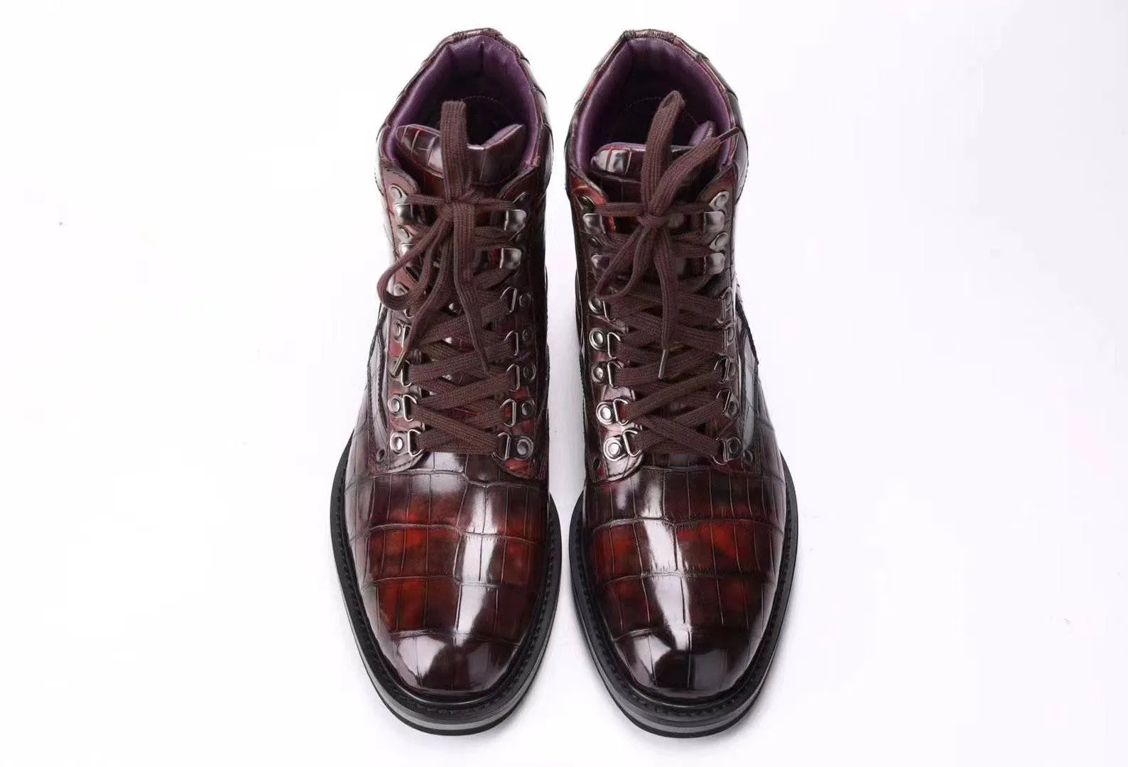 Camp Mood Jog Mode Crocodile Shoes Mens Boots Genuine Crocodile Leather High-top Lace Up  Anti-Slip Boot Vintage Wine Red