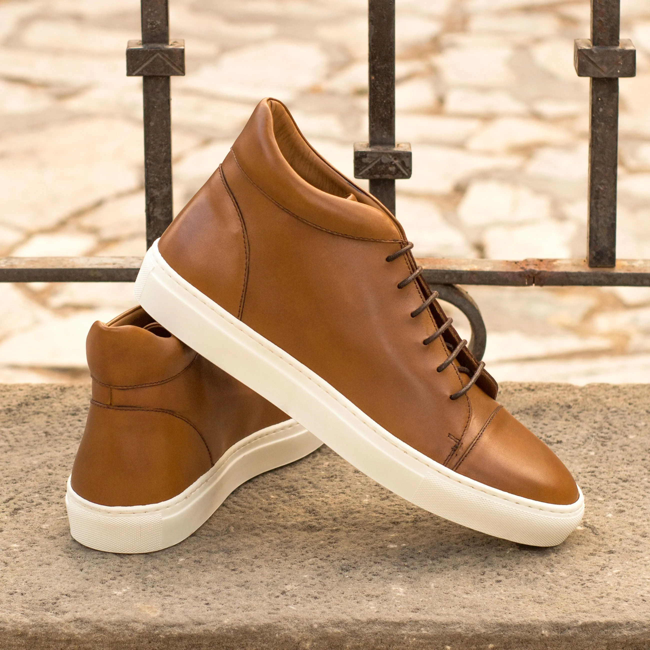 Cognac Calf Leather High-Top Sneakers low - profile - feature shoes bright - colored shoes