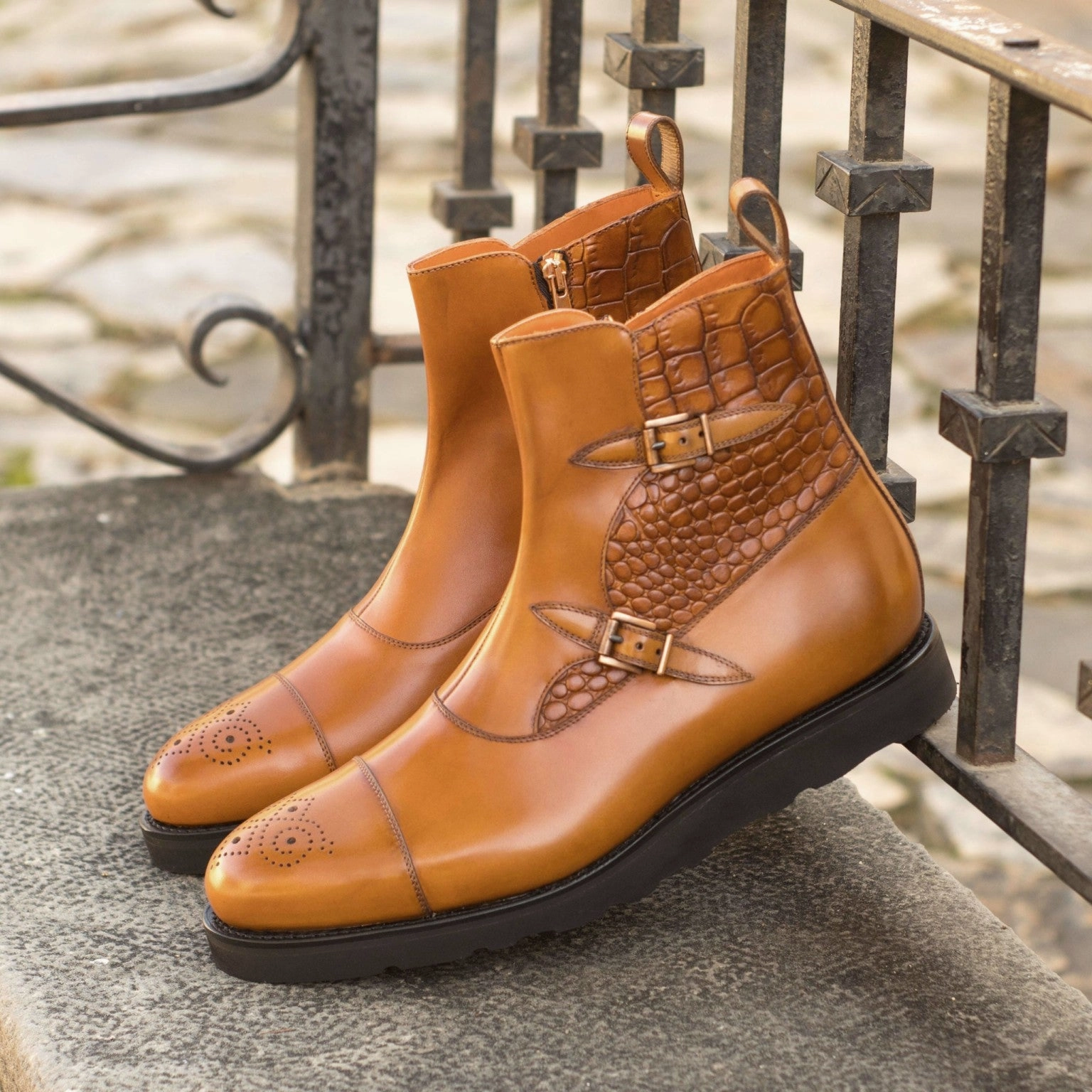 Cognac Calf & Croco Double-Monk Boots Shock Absorbing Mountain Hike