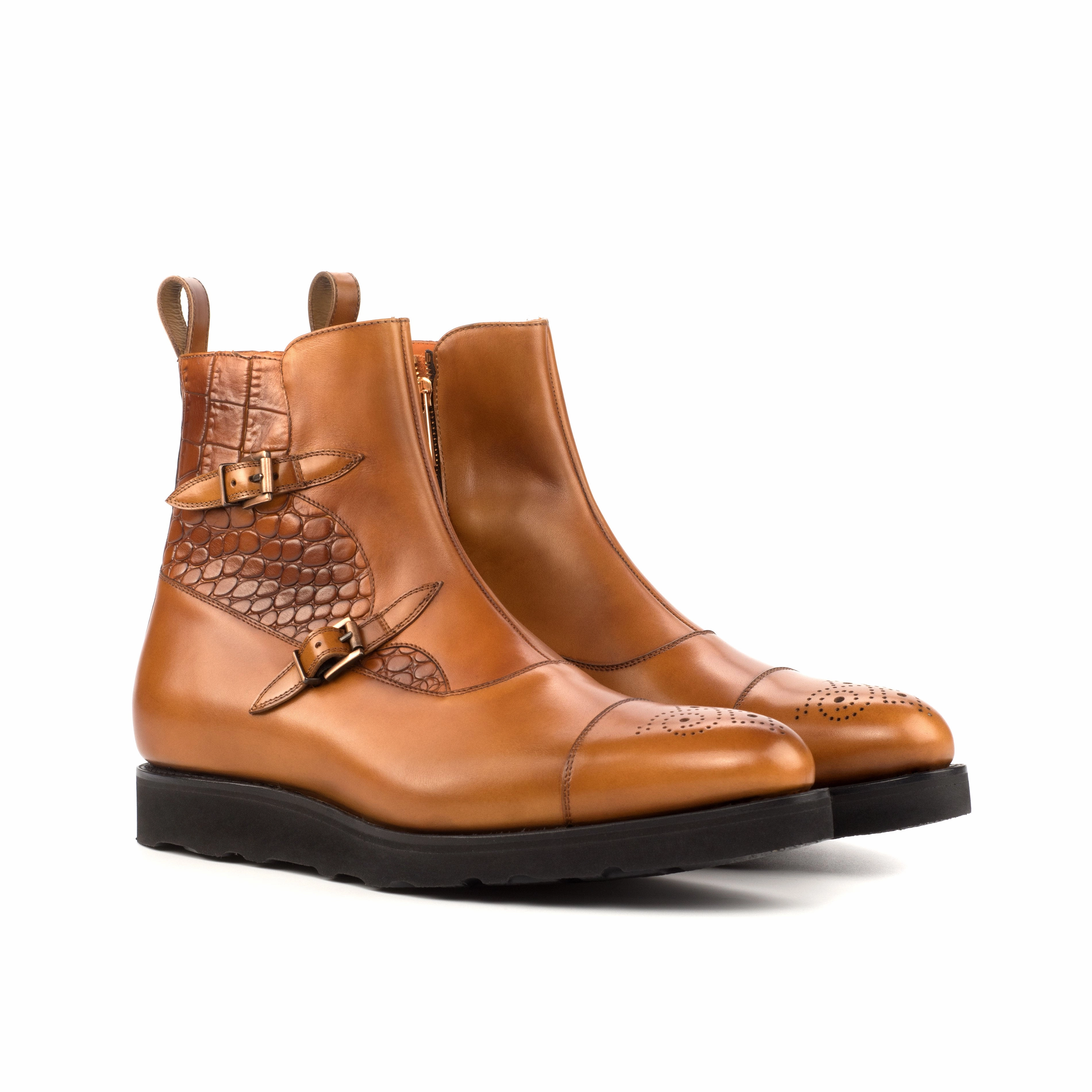 Casual Footwear Cognac Calf & Croco Double-Monk Boots