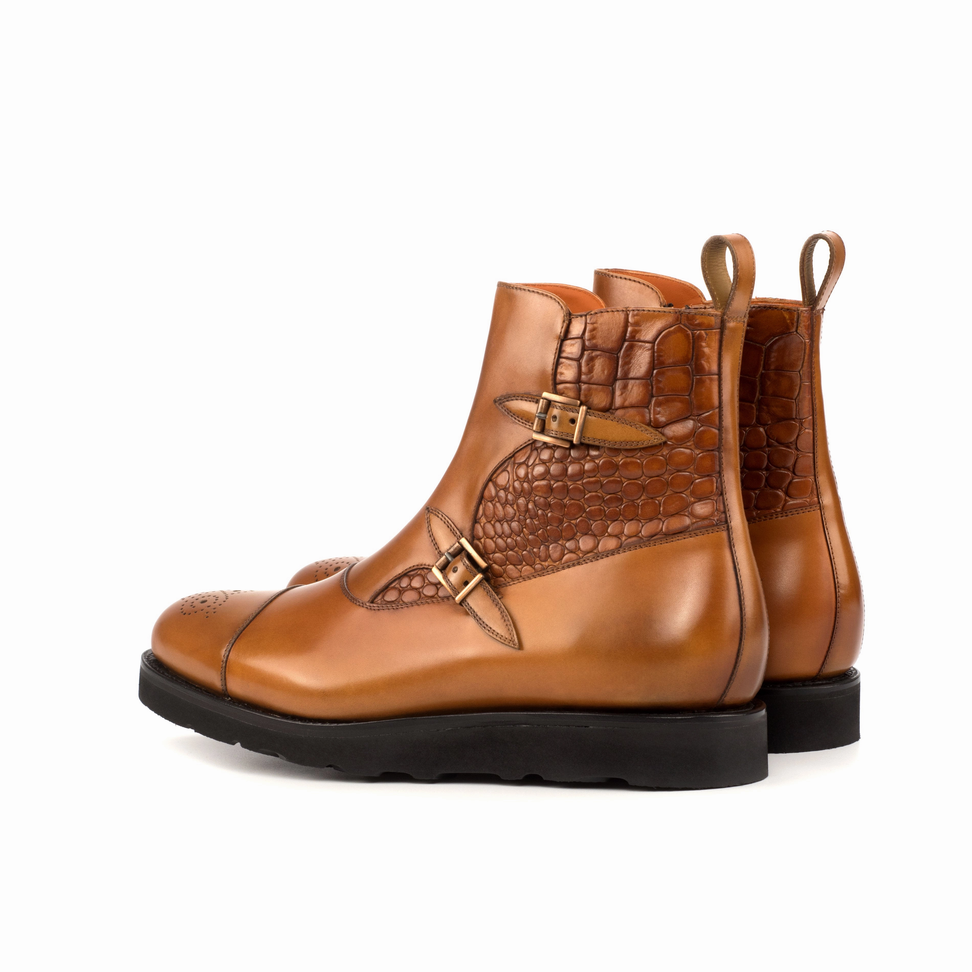 Cognac Calf & Croco Double-Monk Boots Supportive