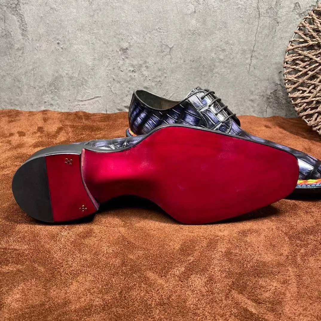 Bay Glow Crocodile Shoes Men's  Crocodile Leather  Norwegian Stitching Lace Up Dress Shoes Vintage Grey