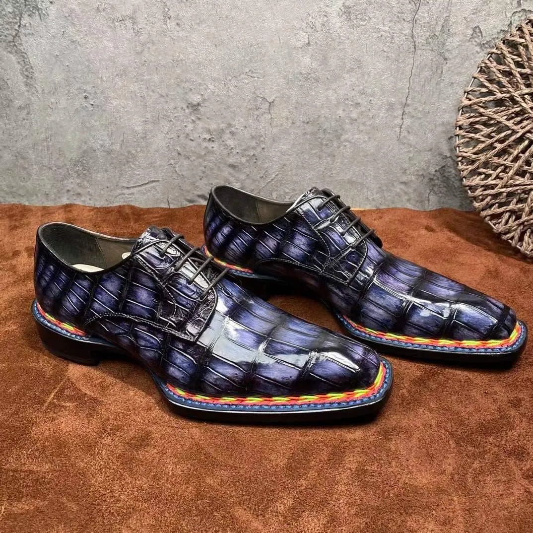 Crocodile Shoes Men's  Crocodile Leather  Norwegian Stitching Lace Up Dress Shoes Vintage Grey Supportive Cushion