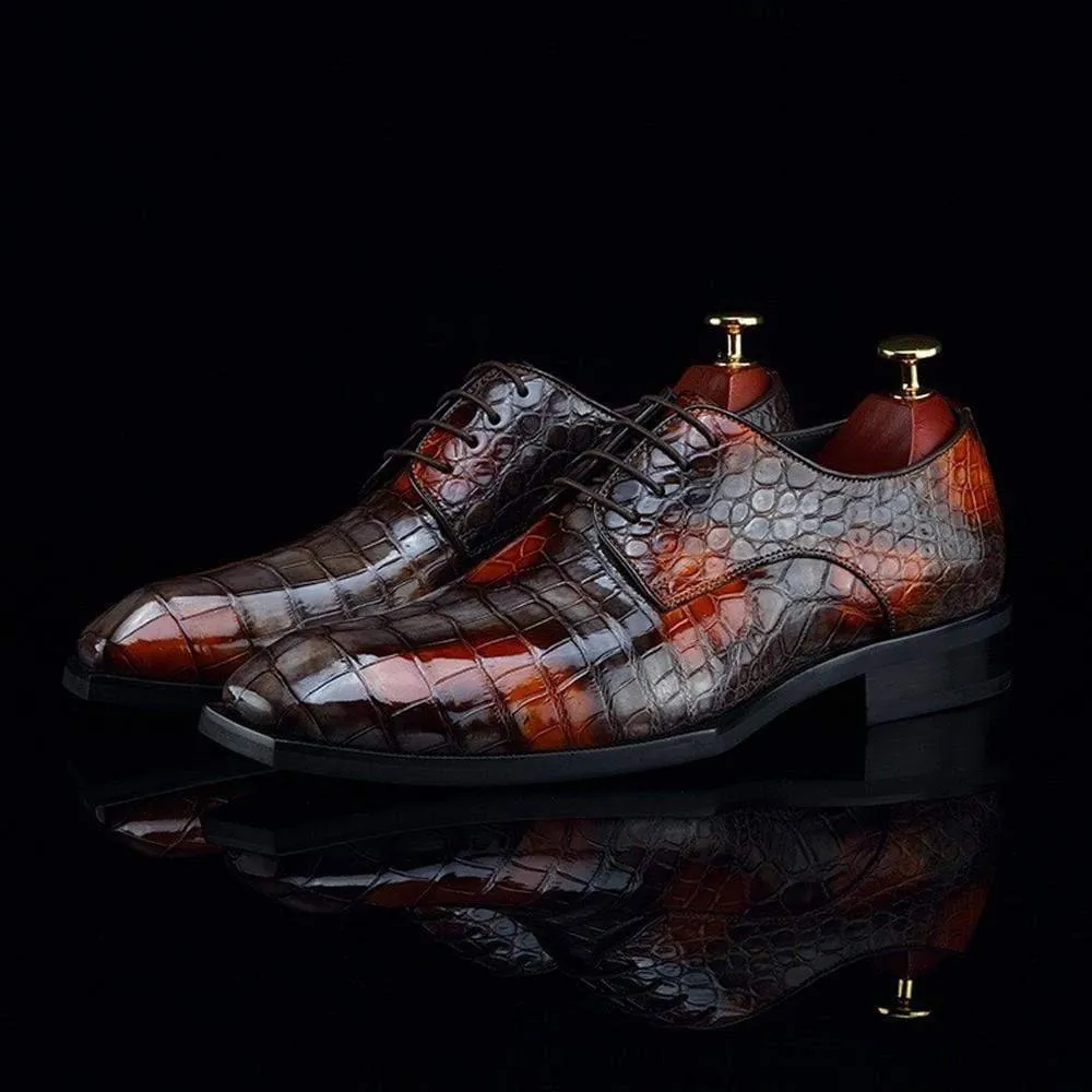 Crocodile Shoes Mens Multi Color Square Toe Lace Up Genuine Crocodile Leather Dress Shoe Grey Versatile Wear