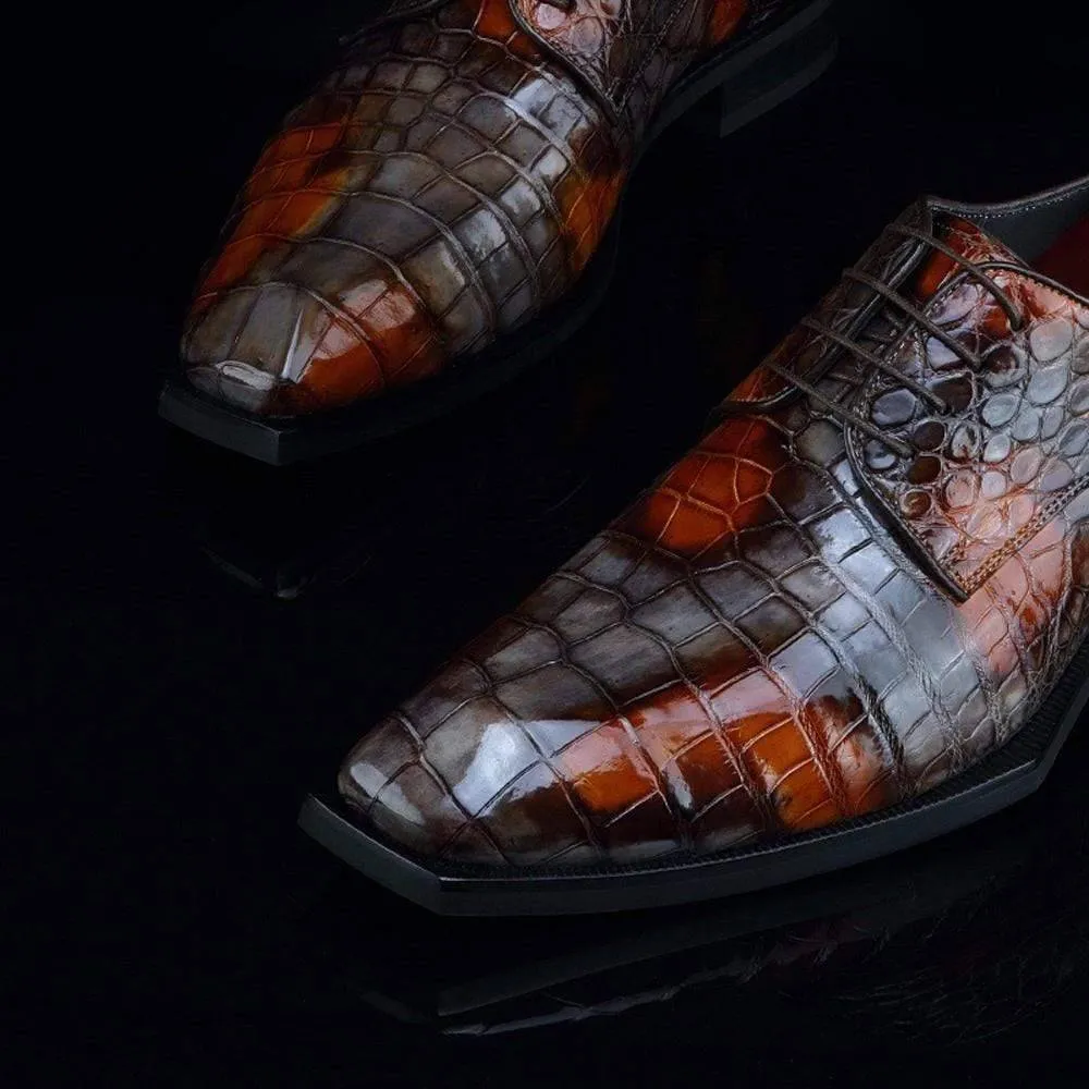 Trendy Walk Simple Walk Crocodile Shoes Mens Multi Color Square Toe Lace Up Genuine Crocodile Leather Dress Shoe Grey