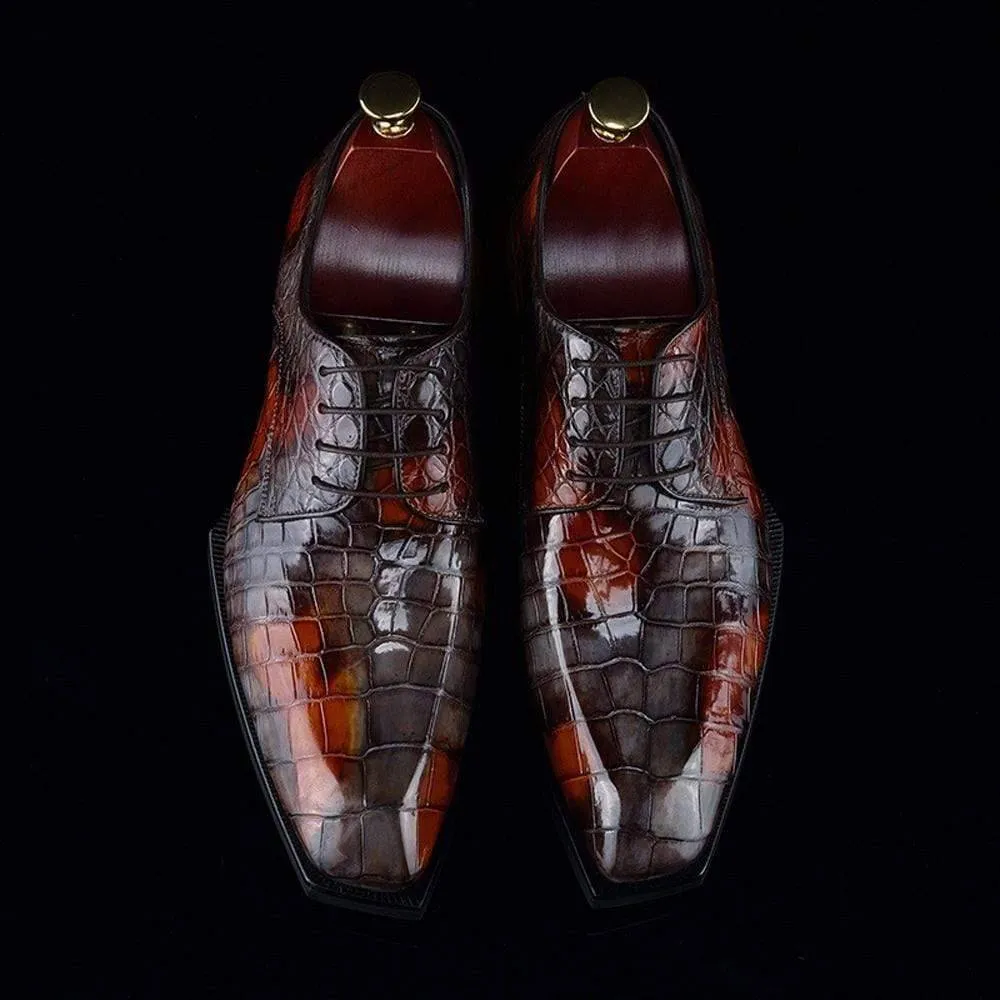 Functional Walking Shoes Breathable Slip-Ons Crocodile Shoes Mens Multi Color Square Toe Lace Up Genuine Crocodile Leather Dress Shoe Grey