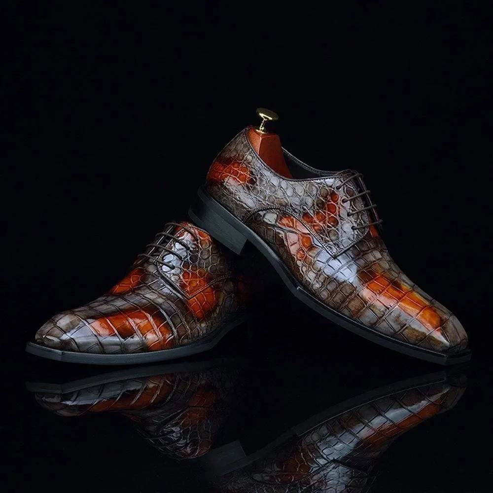 Crocodile Shoes Mens Multi Color Square Toe Lace Up Genuine Crocodile Leather Dress Shoe Grey Spring Air Practical