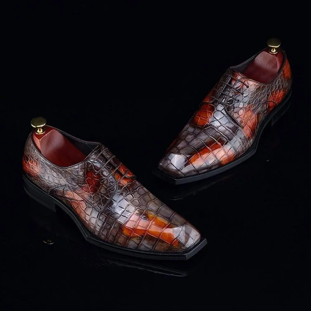 Flexible Design Supportive Cushion Crocodile Shoes Mens Multi Color Square Toe Lace Up Genuine Crocodile Leather Dress Shoe Grey