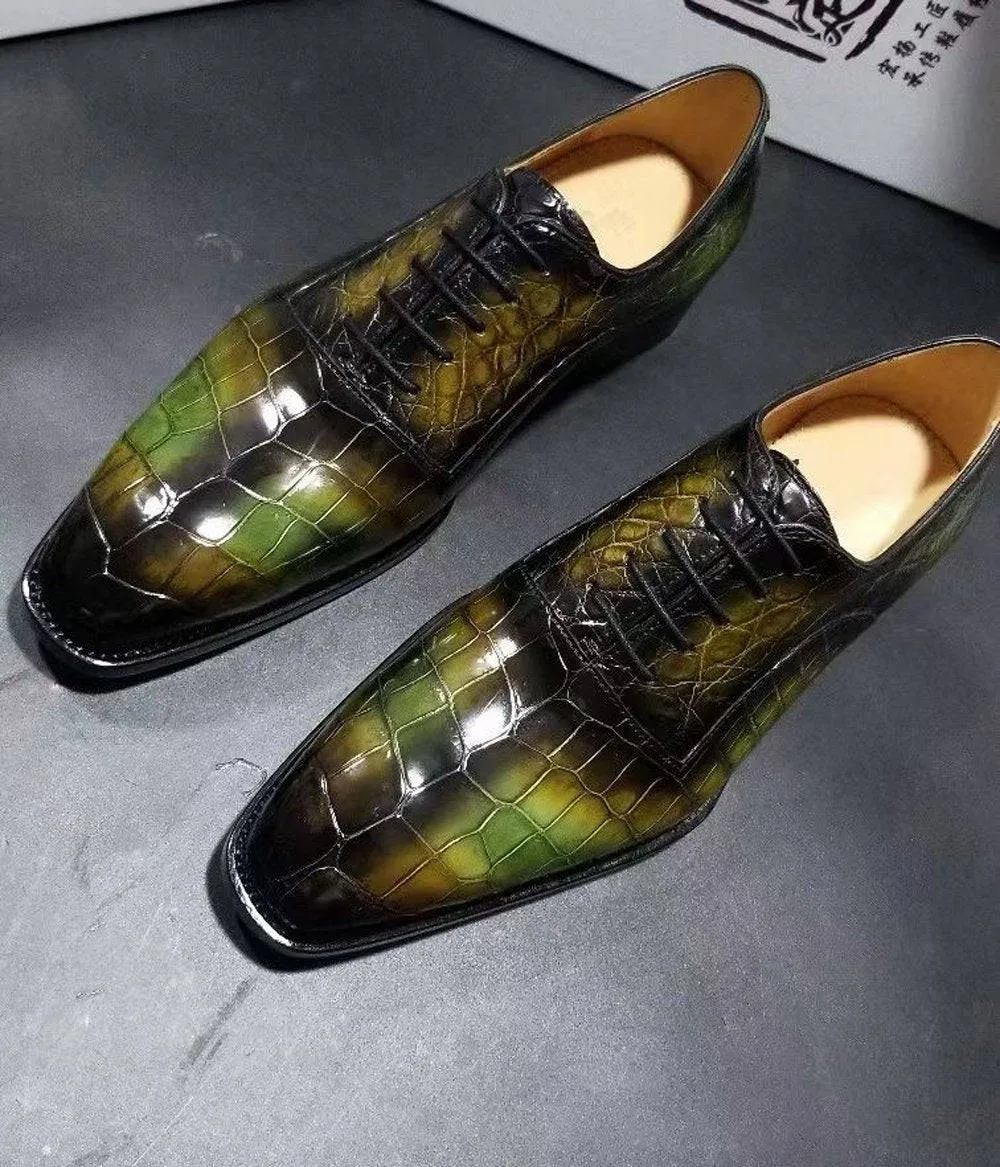 Crocodile Shoes Genuine Crocodile Leather Mens Lace up Dress Shoes Hand Painted Vintage Green Modern Comfort Shoes Slip Resistant Sole