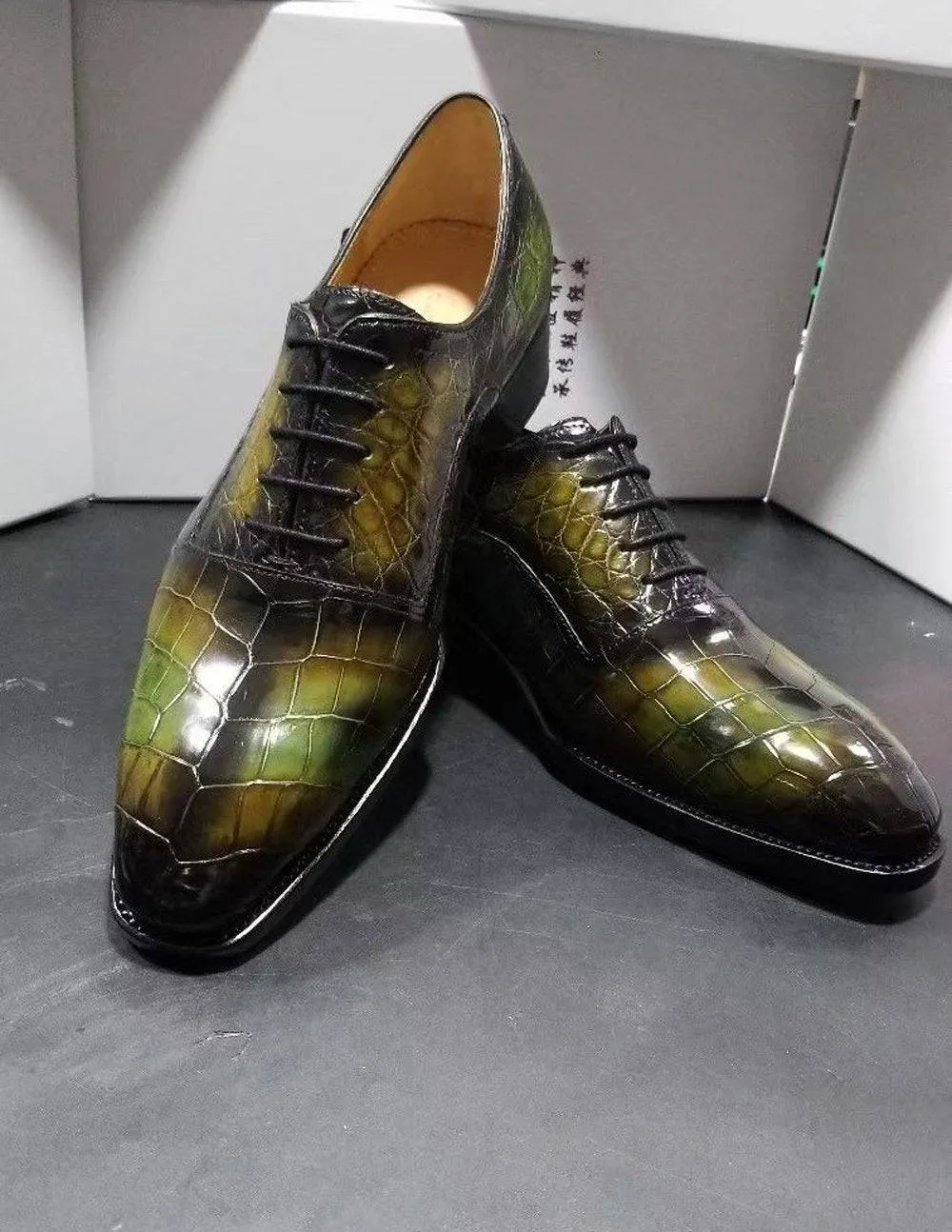 Anti-Fatigue Footwear Crocodile Shoes Genuine Crocodile Leather Mens Lace up Dress Shoes Hand Painted Vintage Green