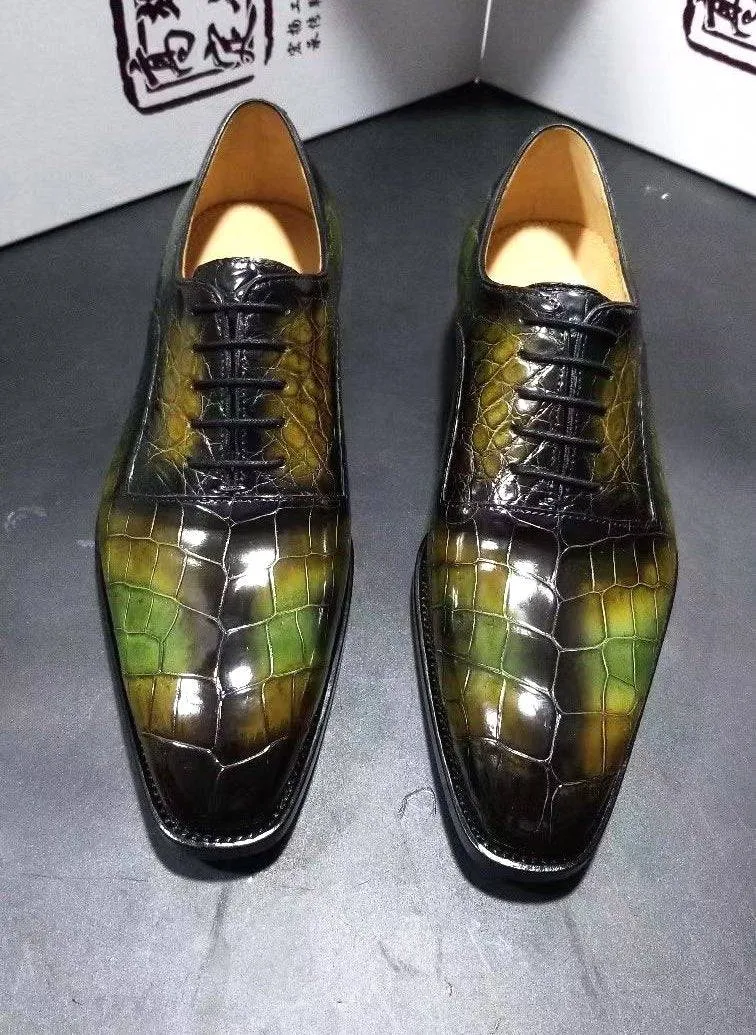 Crocodile Shoes Genuine Crocodile Leather Mens Lace up Dress Shoes Hand Painted Vintage Green Comfort Insole