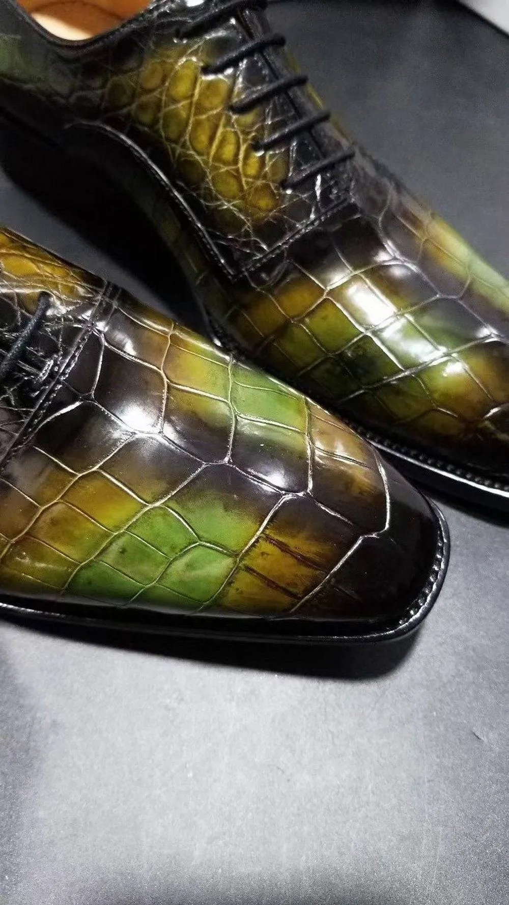 Crocodile Shoes Genuine Crocodile Leather Mens Lace up Dress Shoes Hand Painted Vintage Green Breathable Spa Mood