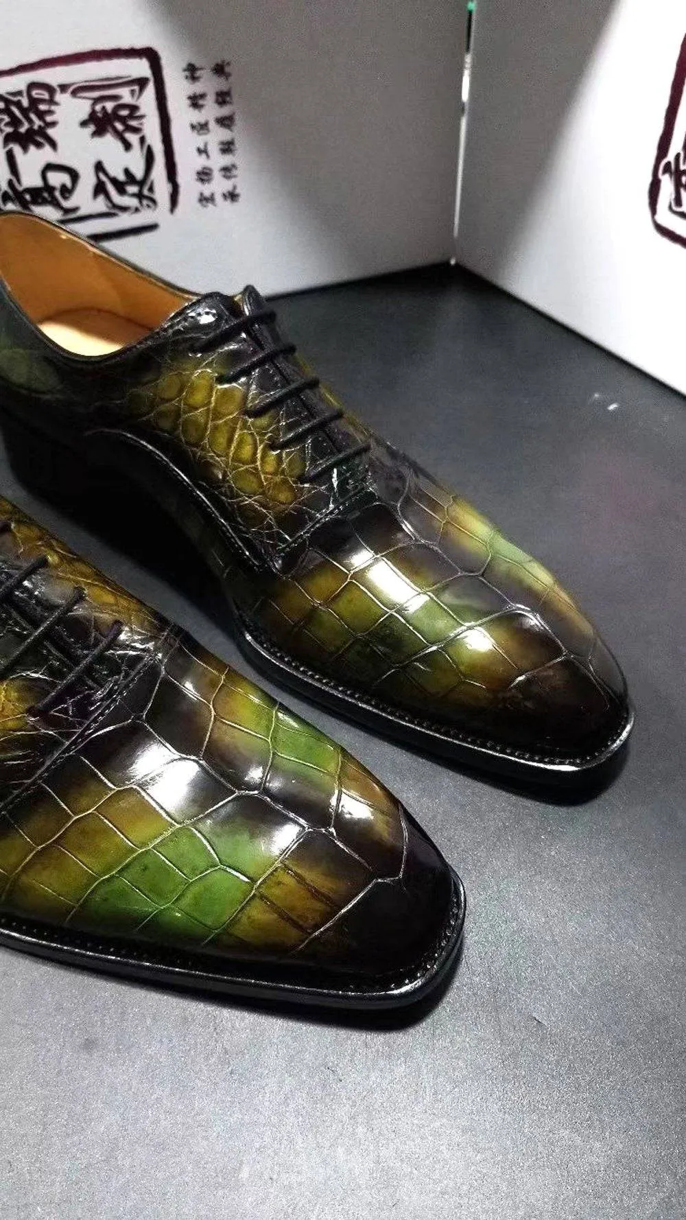 Crocodile Shoes Genuine Crocodile Leather Mens Lace up Dress Shoes Hand Painted Vintage Green Fish Step