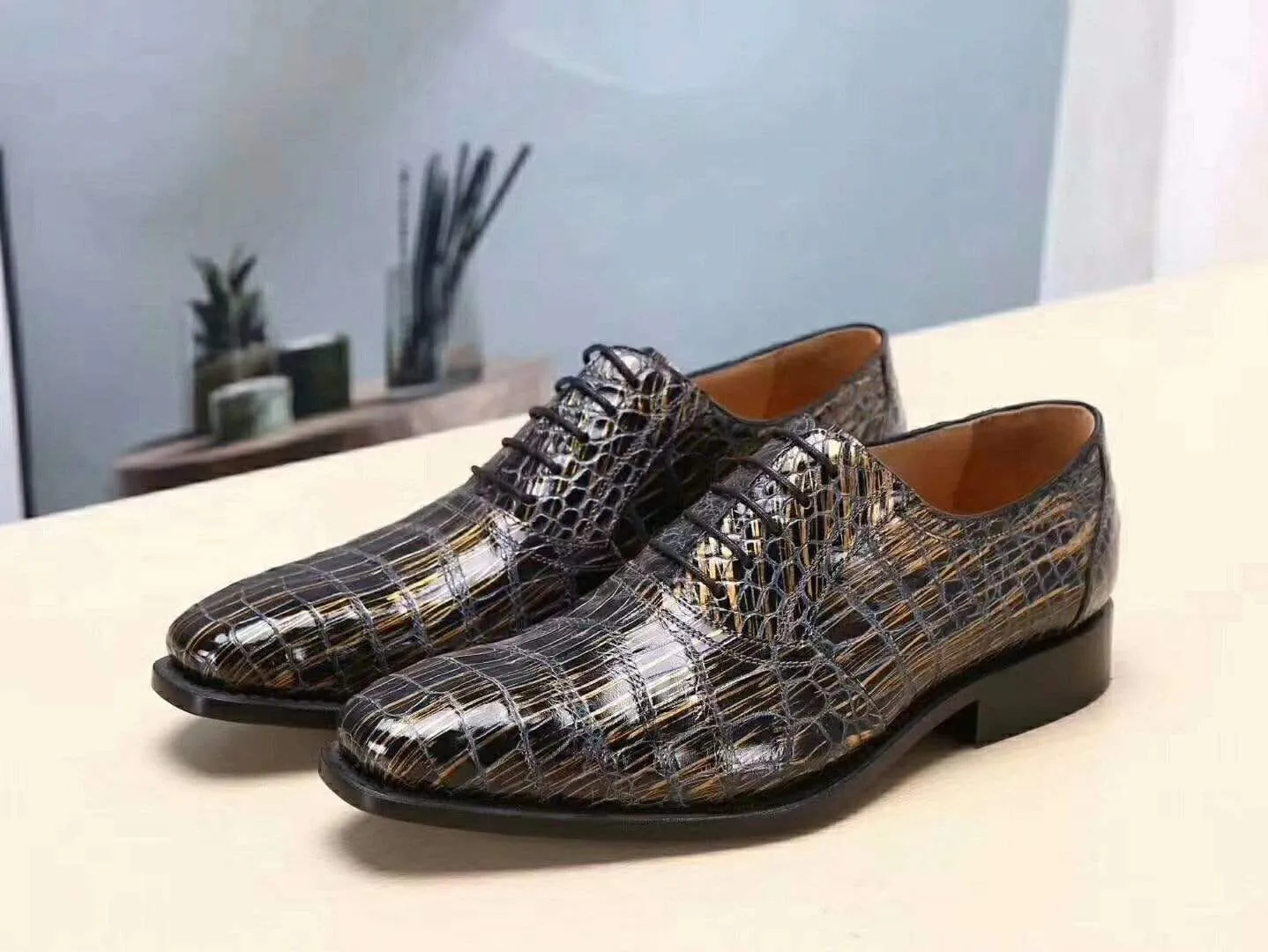 Crocodile Shoes Men s Crocodile Leather Gold burnishes  Lace-Up Shoes ,Goodyear Sole Cozy Look Elastic Gusset
