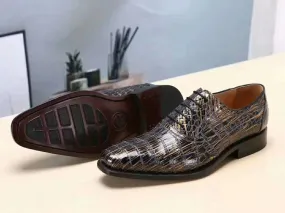 portable Crocodile Shoes Men s Crocodile Leather Gold burnishes  Lace-Up Shoes ,Goodyear Sole
