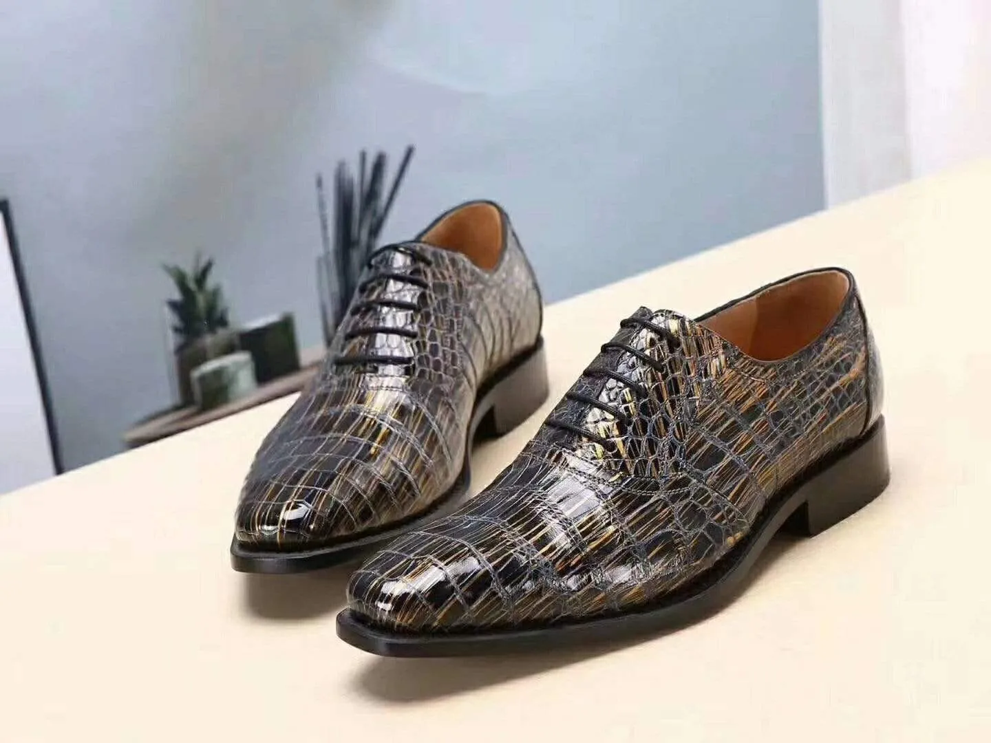 Fit Mood Crocodile Shoes Men s Crocodile Leather Gold burnishes  Lace-Up Shoes ,Goodyear Sole