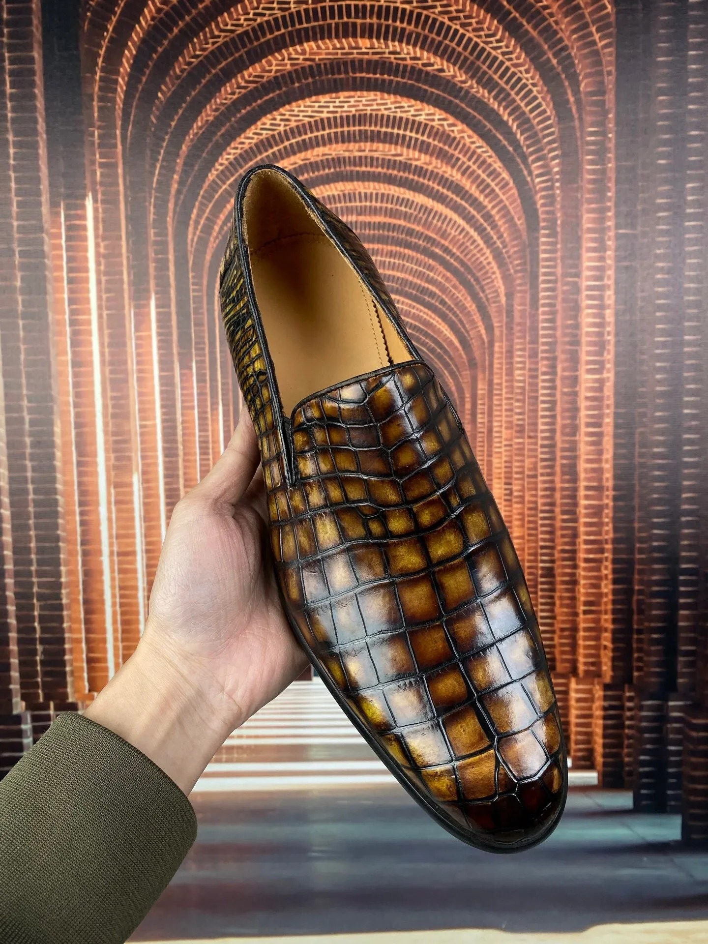 Boutique Day Formal Style Crocodile Shoes Vintage Brown Genuine Crocodile Skin Leather Slip-On Loafer Shoes