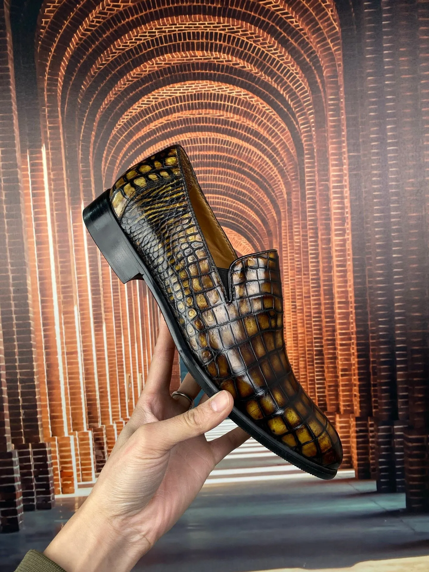 Crocodile Shoes Vintage Brown Genuine Crocodile Skin Leather Slip-On Loafer Shoes Cold resistant