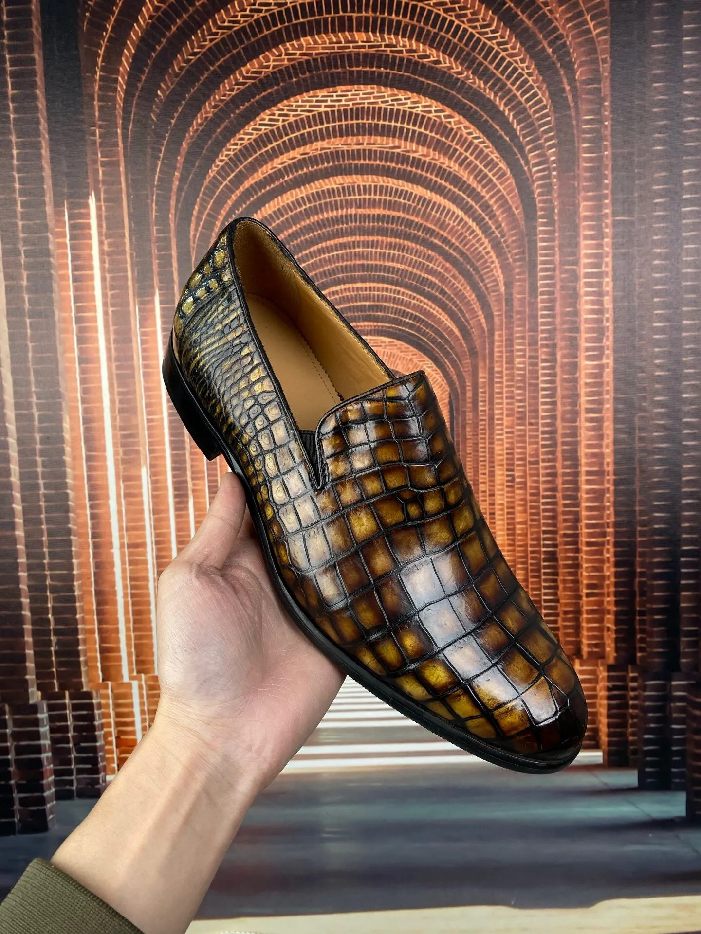 Mountain Walk Crocodile Shoes Vintage Brown Genuine Crocodile Skin Leather Slip-On Loafer Shoes