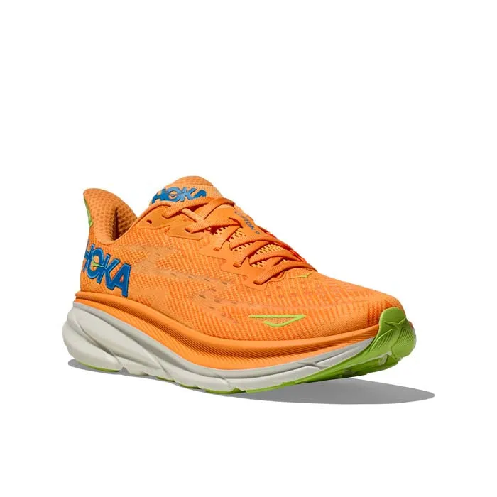 Mens Hoka Clifton 9 in Solar Flare/Lettuce Classic sneakers