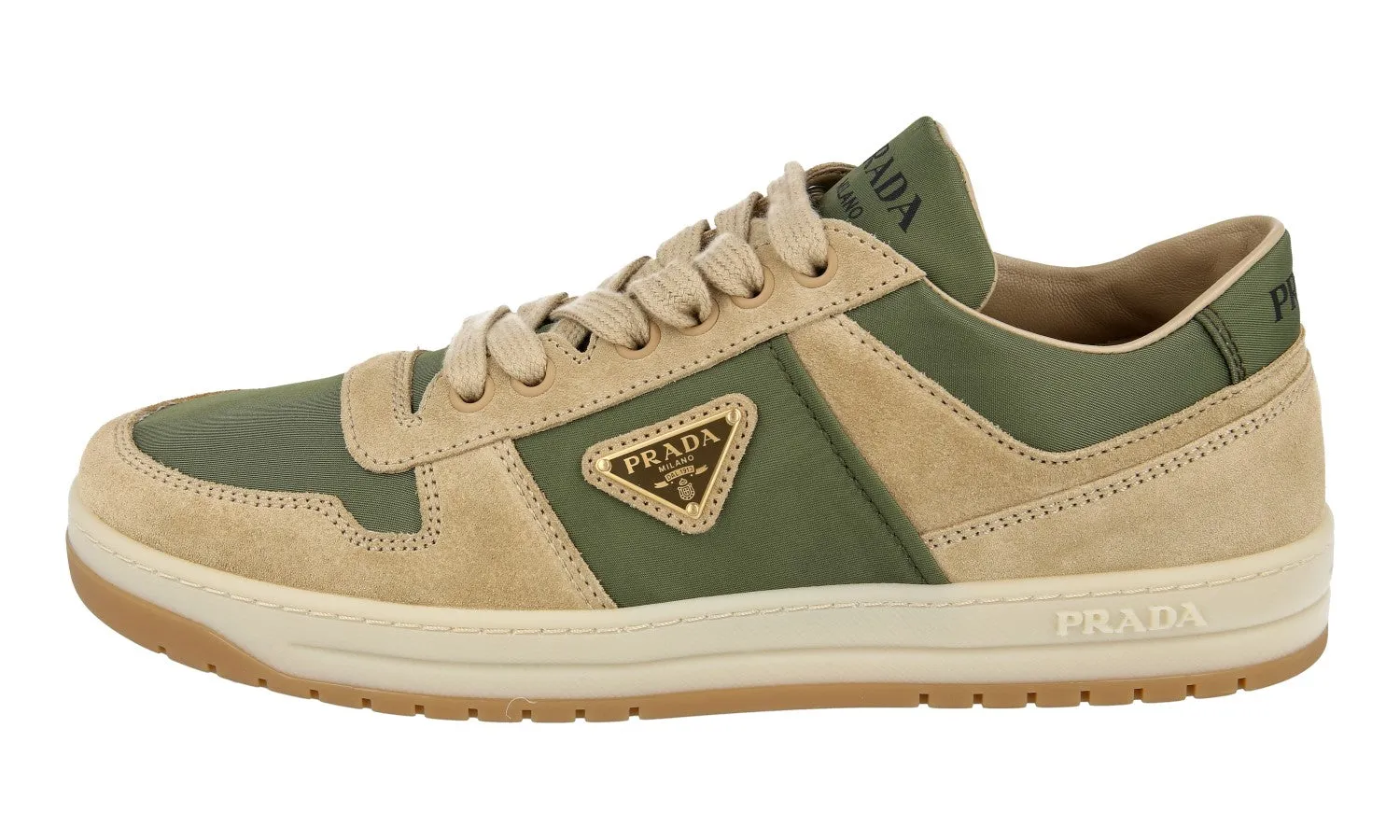 Prada Women's Beige Leather Downtown Sneaker 1E792M Fast Move FlatSole